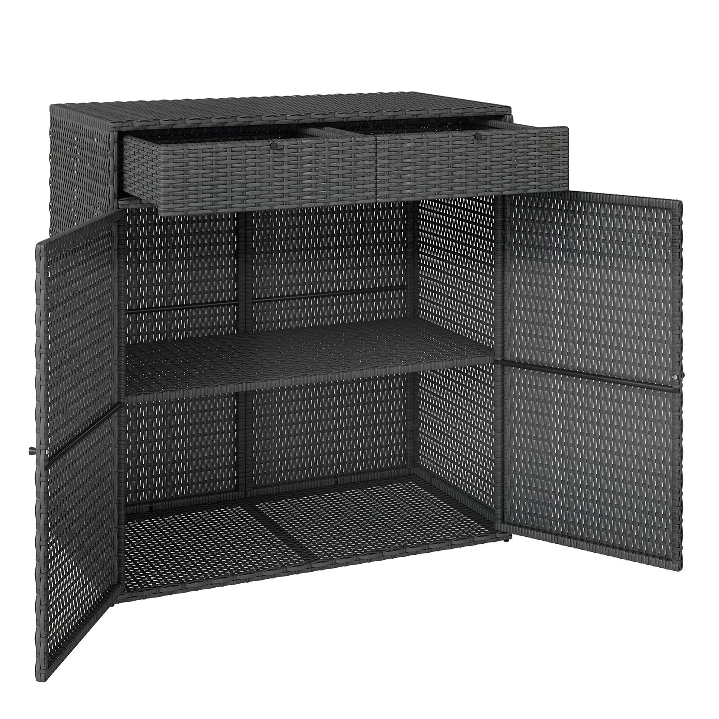 Wicker Outdoor Storage Cabinet, Double Door Patio Storage Cabinet with 2 Drawers and 2-Tier Shelves, PE Rattan Towel Rack Outdoor for Pool Garden Yard, Dark Grey