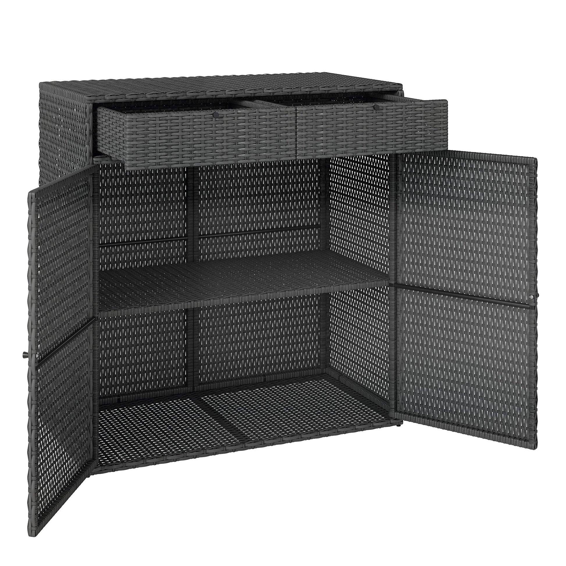Wicker Outdoor Storage Cabinet, Double Door Patio Storage Cabinet with 2 Drawers and 2-Tier Shelves, PE Rattan Towel Rack Outdoor for Pool Garden Yard, Dark Grey