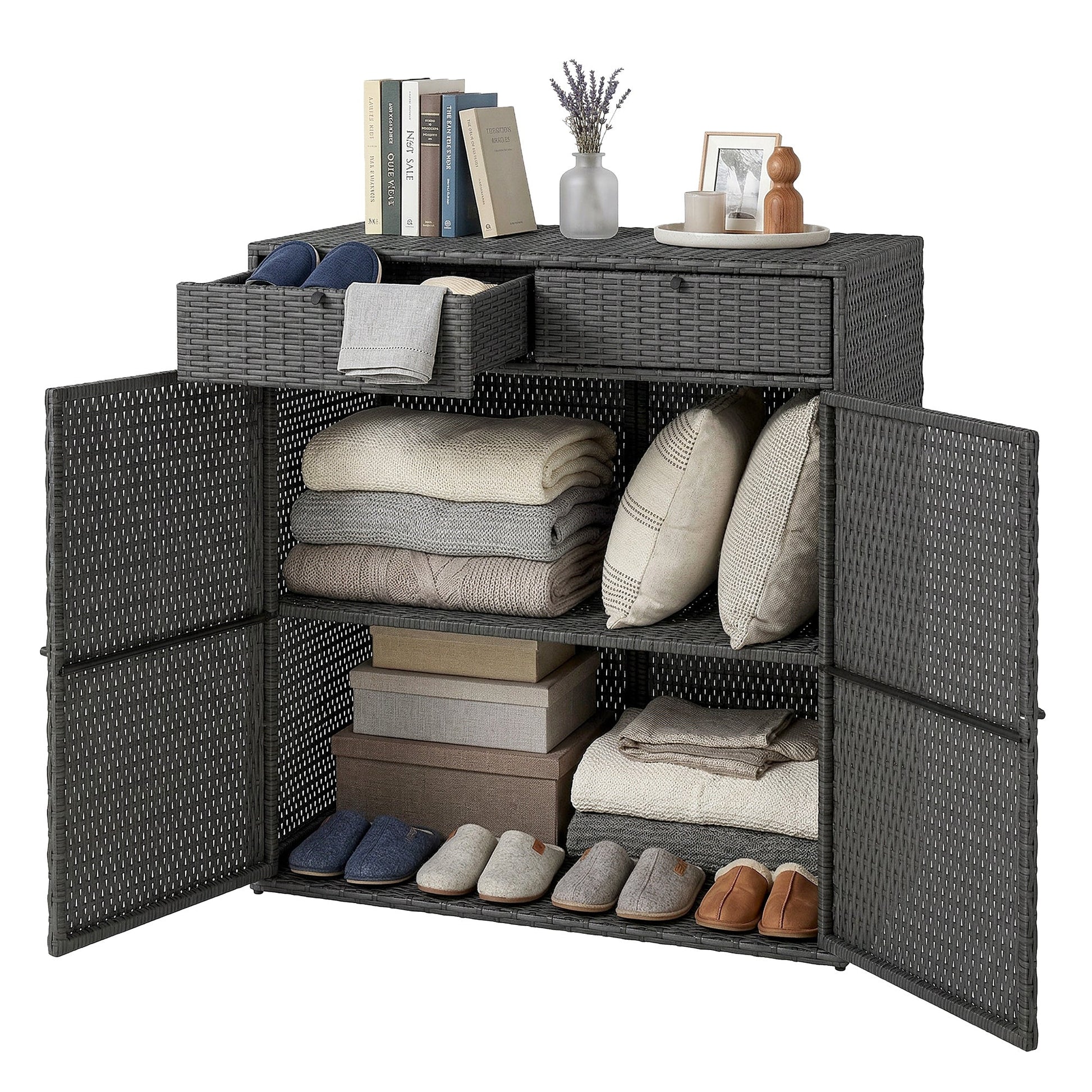 Wicker Outdoor Storage Cabinet, Double Door Patio Storage Cabinet with 2 Drawers and 2-Tier Shelves, PE Rattan Towel Rack Outdoor for Pool Garden Yard, Dark Grey