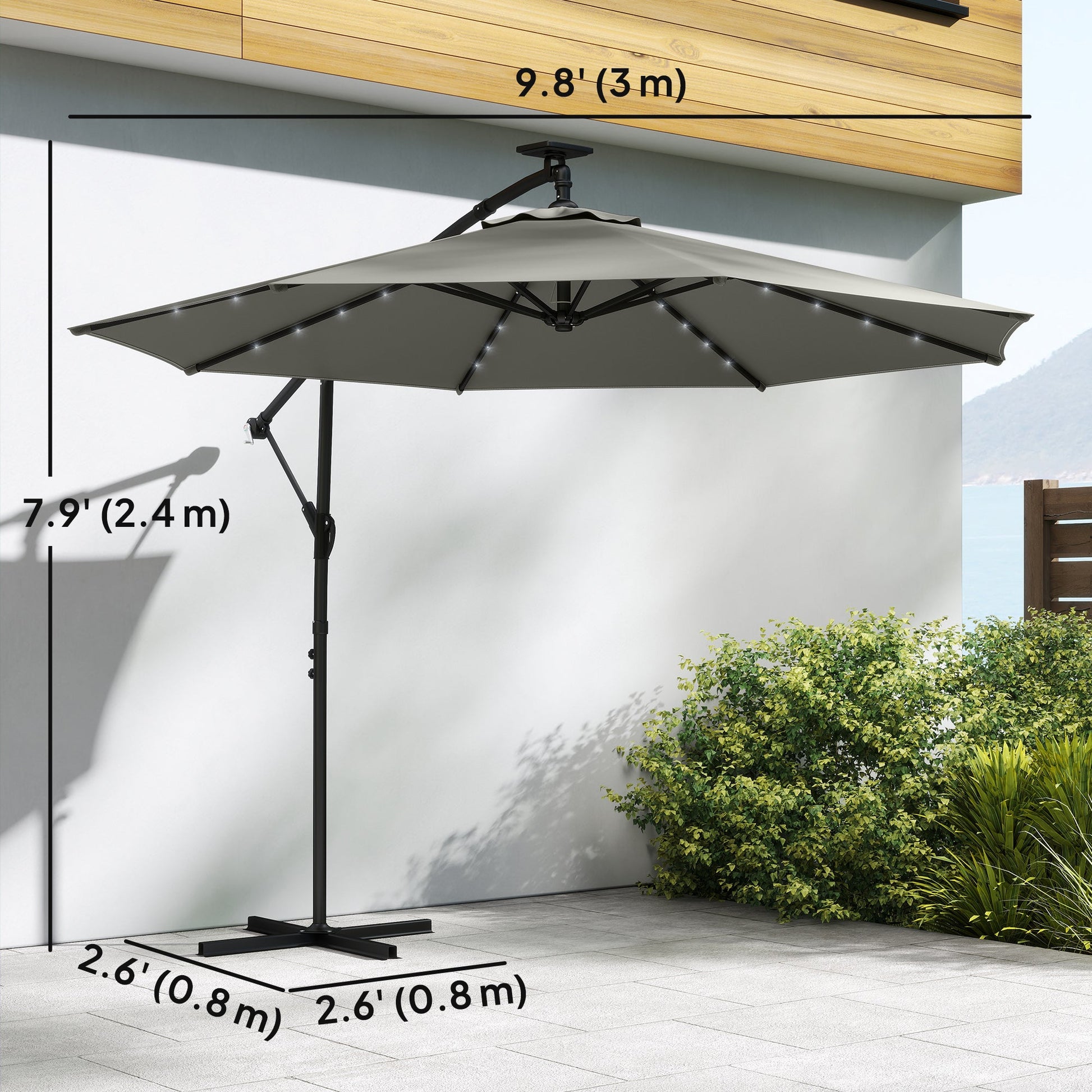 9.7 ft Cantilever Patio Umbrella with Solar LED Light, Cover, Round Offset Hanging Outdoor Umbrella Parasol with Tilt and Crank Handle, Grey