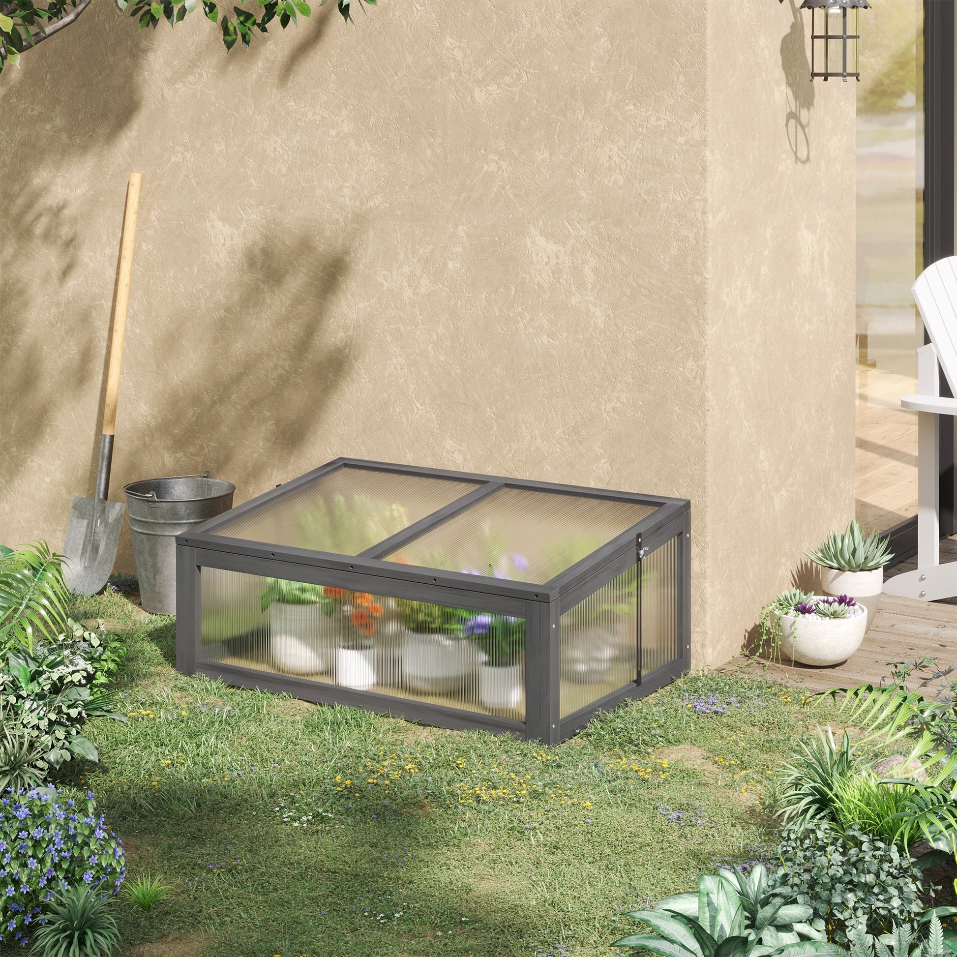 39" x 26" x 16" Wooden Cold Frame with Openable and Tilted Top Cover, Small Polycarbonate Planter Box for Flowers, Vegetables, Plants, Grey