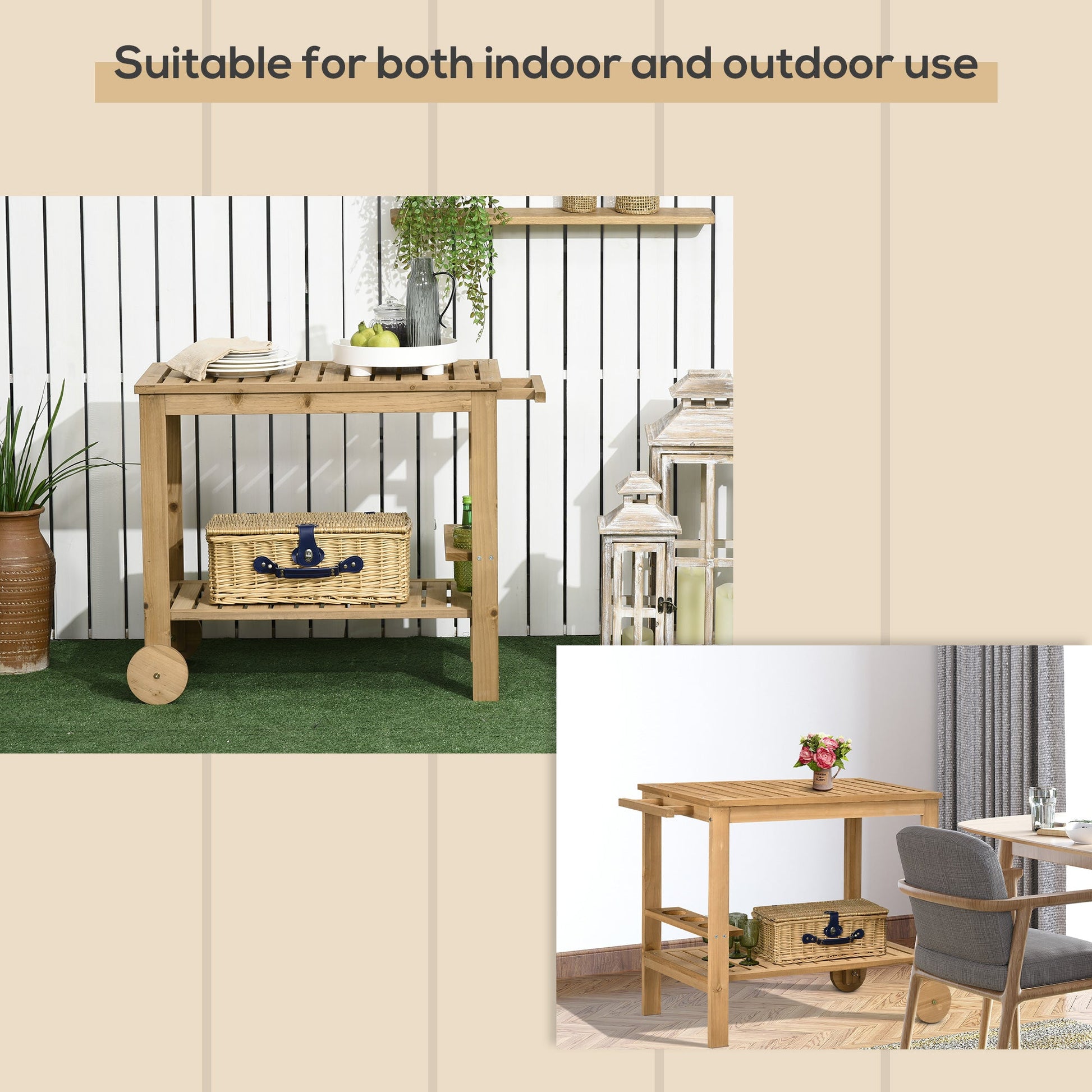 Outdoor Bar Cart, Wood Rolling Home Bar & Serving Cart with 2 Shelves, Wine Bottle Holders for Garden, Dining Room, Natural