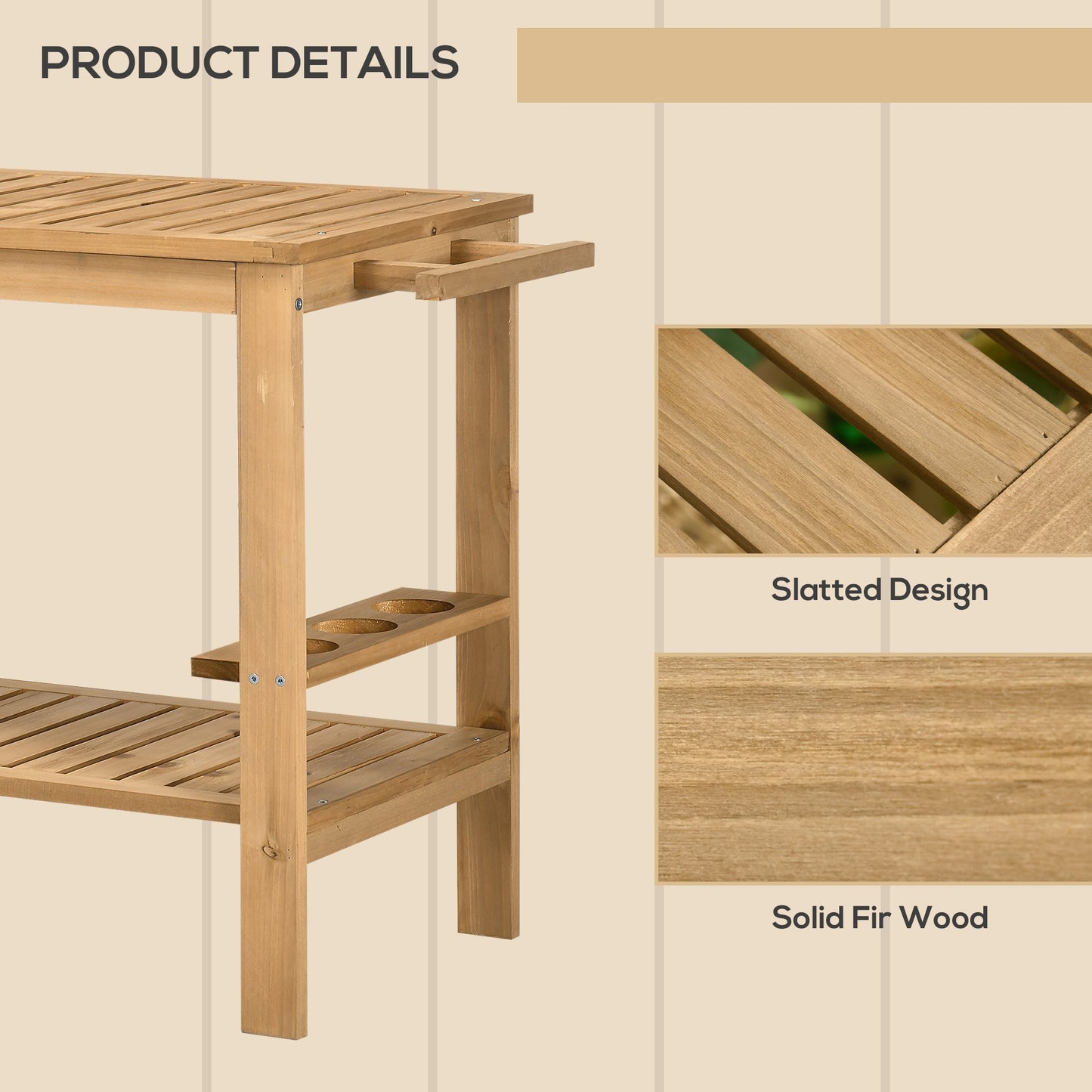 Outdoor Bar Cart, Wood Rolling Home Bar & Serving Cart with 2 Shelves, Wine Bottle Holders for Garden, Dining Room, Natural