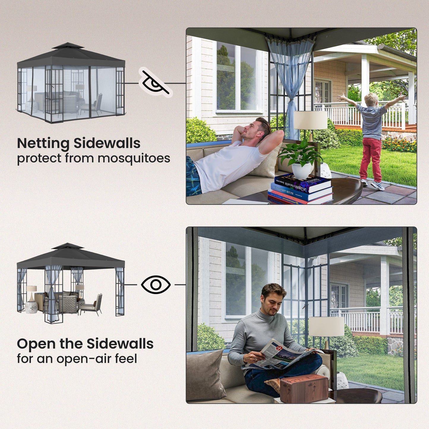 10'x10' Garden Gazebo Patio Canopy Portable Party Event Backyard w/ Mosquito Netting, Dark Grey