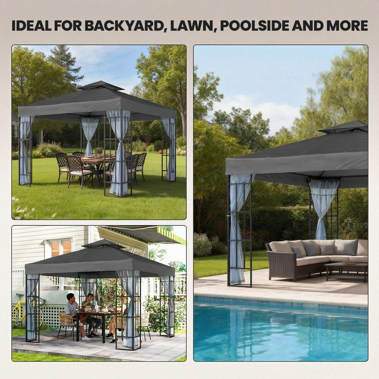 10'x10' Garden Gazebo Patio Canopy Portable Party Event Backyard w/ Mosquito Netting, Dark Grey
