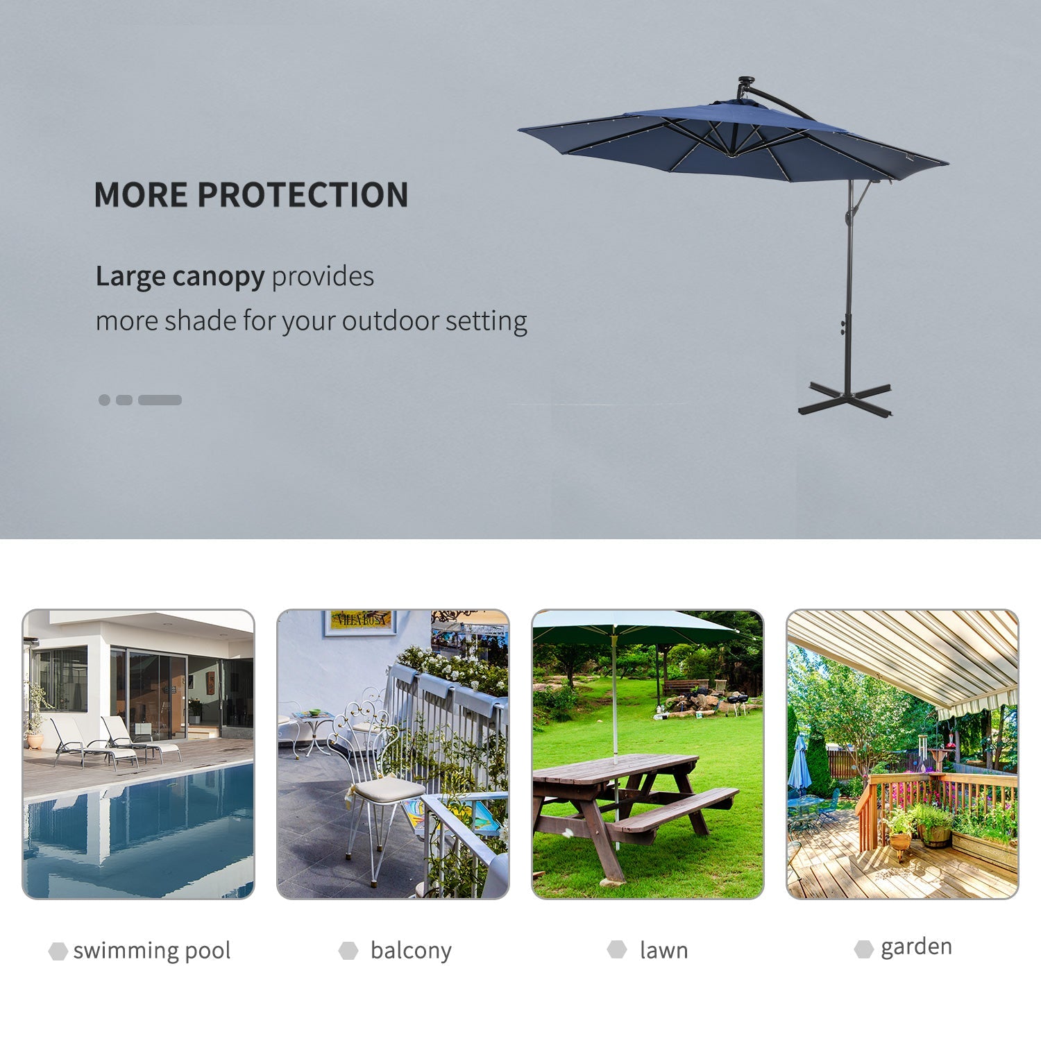10ft Outdoor Cantilever Umbrella with Solar Lights, Banana Umbrella with Adjustable Angle for Patio, Backyard, Navy Blue