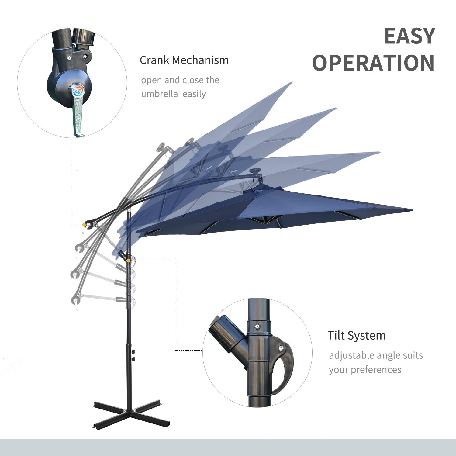 10ft Outdoor Cantilever Umbrella with Solar Lights, Banana Umbrella with Adjustable Angle for Patio, Backyard, Navy Blue
