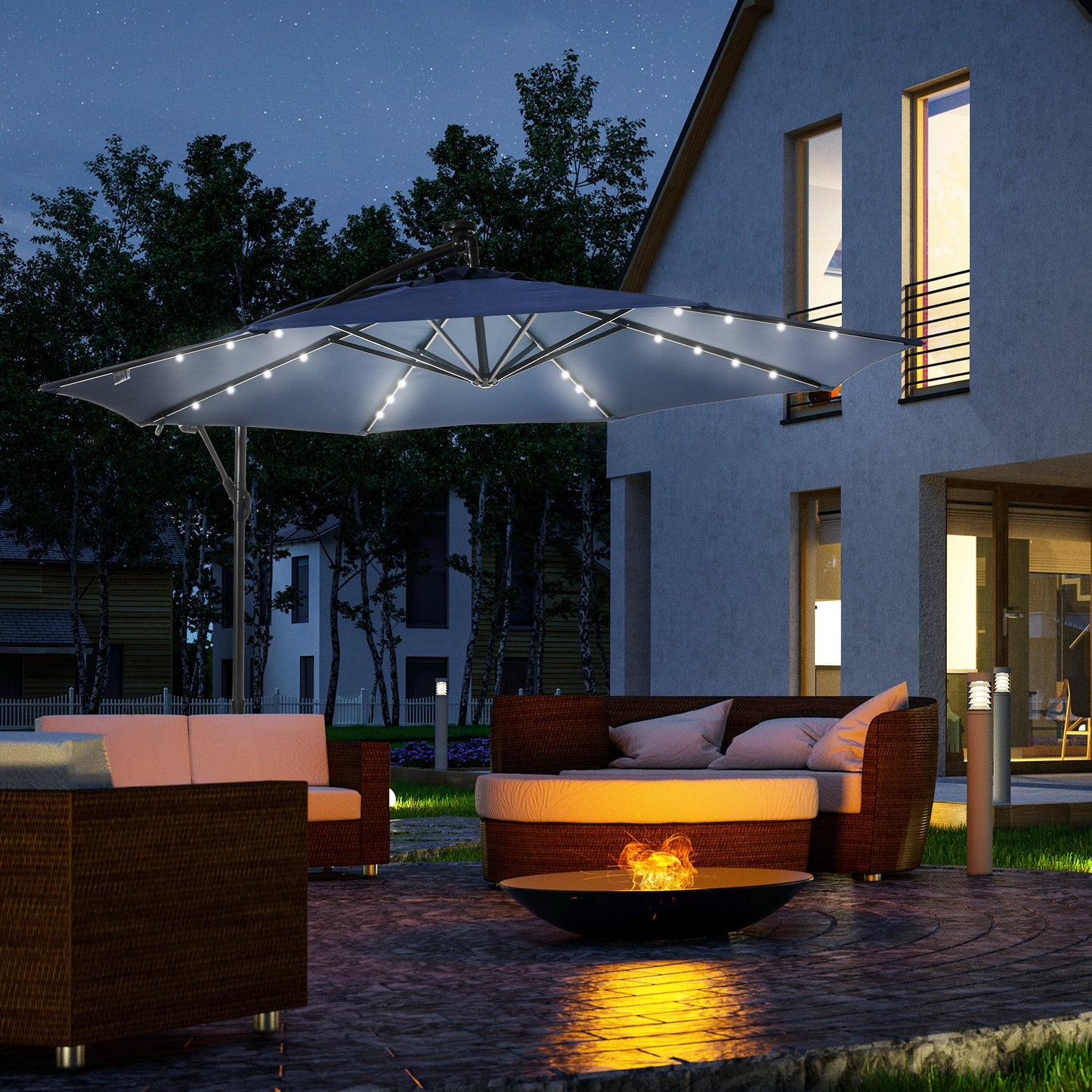 10ft Outdoor Cantilever Umbrella with Solar Lights, Banana Umbrella with Adjustable Angle for Patio, Backyard, Navy Blue