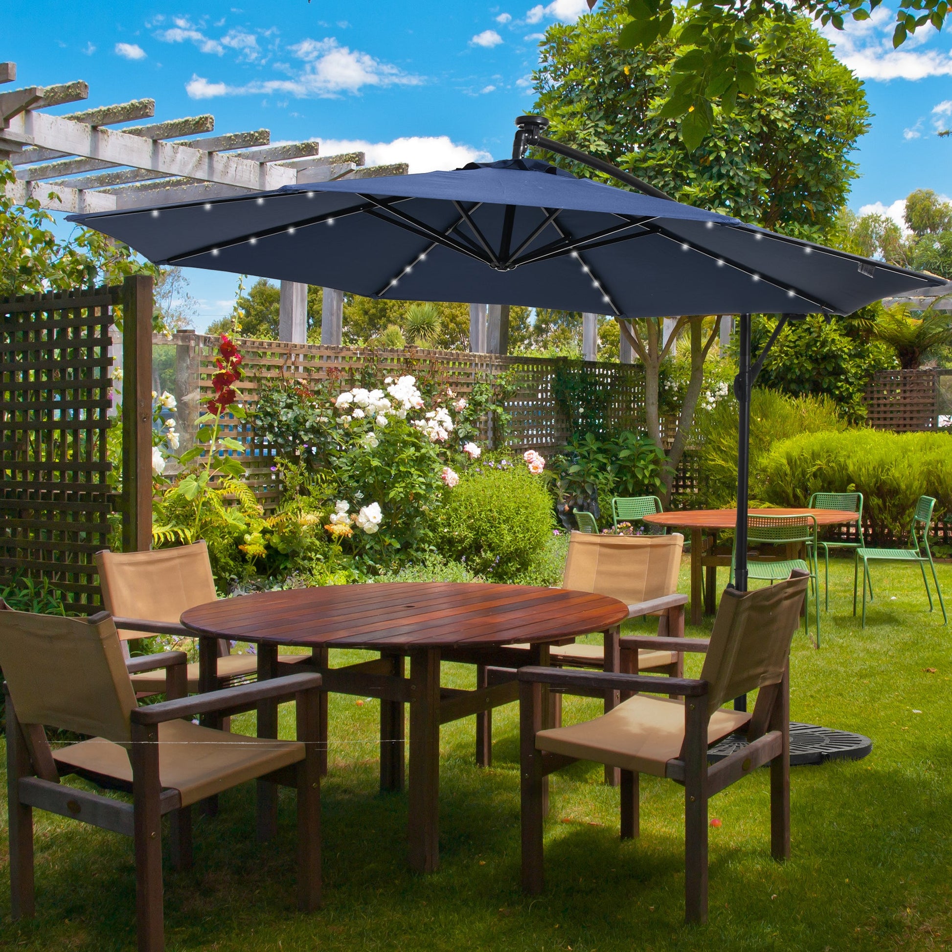 10ft Outdoor Cantilever Umbrella with Solar Lights, Banana Umbrella with Adjustable Angle for Patio, Backyard, Navy Blue