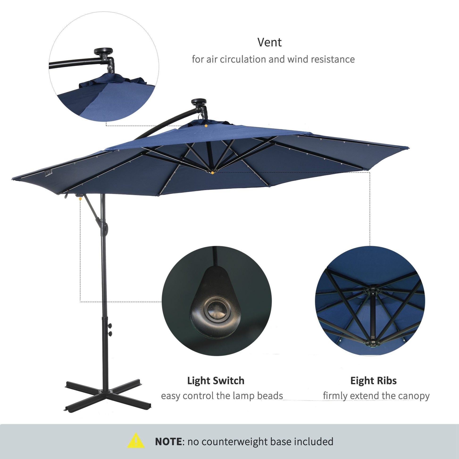 10ft Outdoor Cantilever Umbrella with Solar Lights, Banana Umbrella with Adjustable Angle for Patio, Backyard, Navy Blue