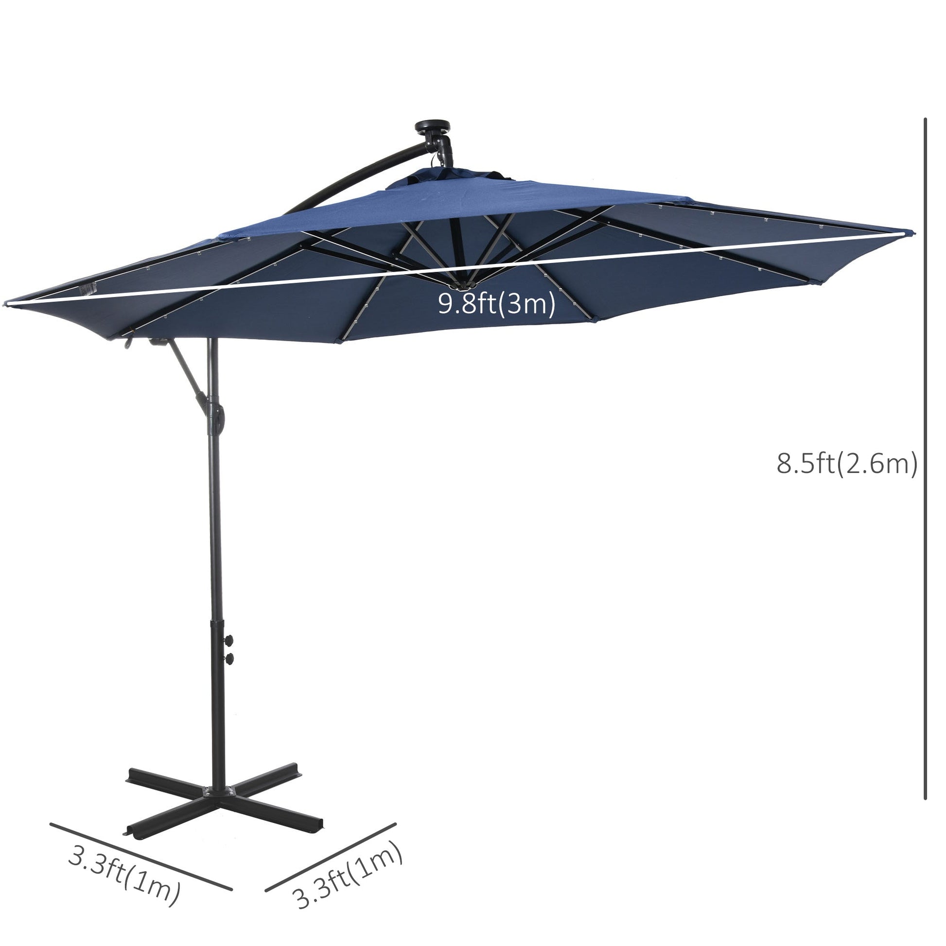 10ft Outdoor Cantilever Umbrella with Solar Lights, Banana Umbrella with Adjustable Angle for Patio, Backyard, Navy Blue