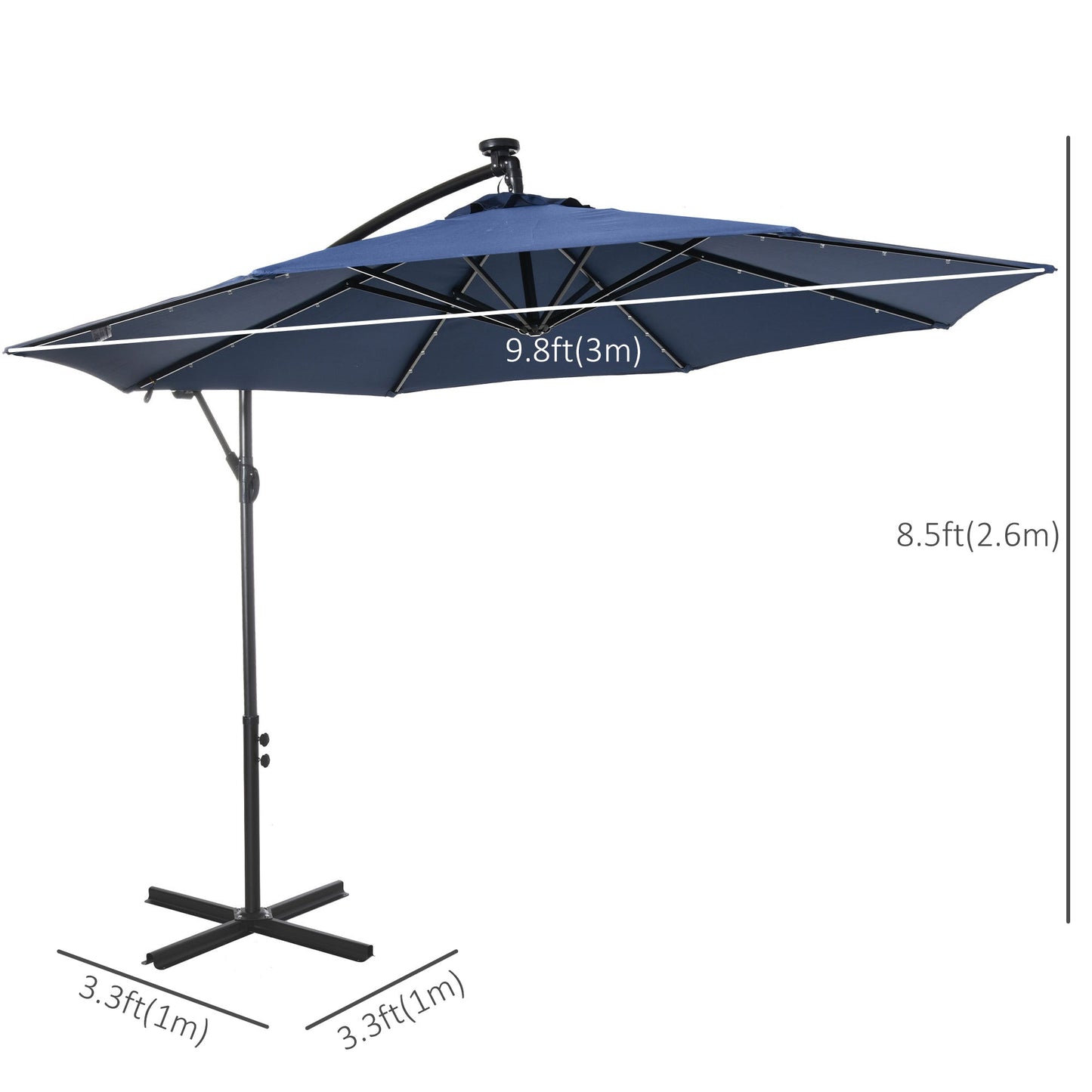 10ft Outdoor Cantilever Umbrella with Solar Lights, Banana Umbrella with Adjustable Angle for Patio, Backyard, Navy Blue