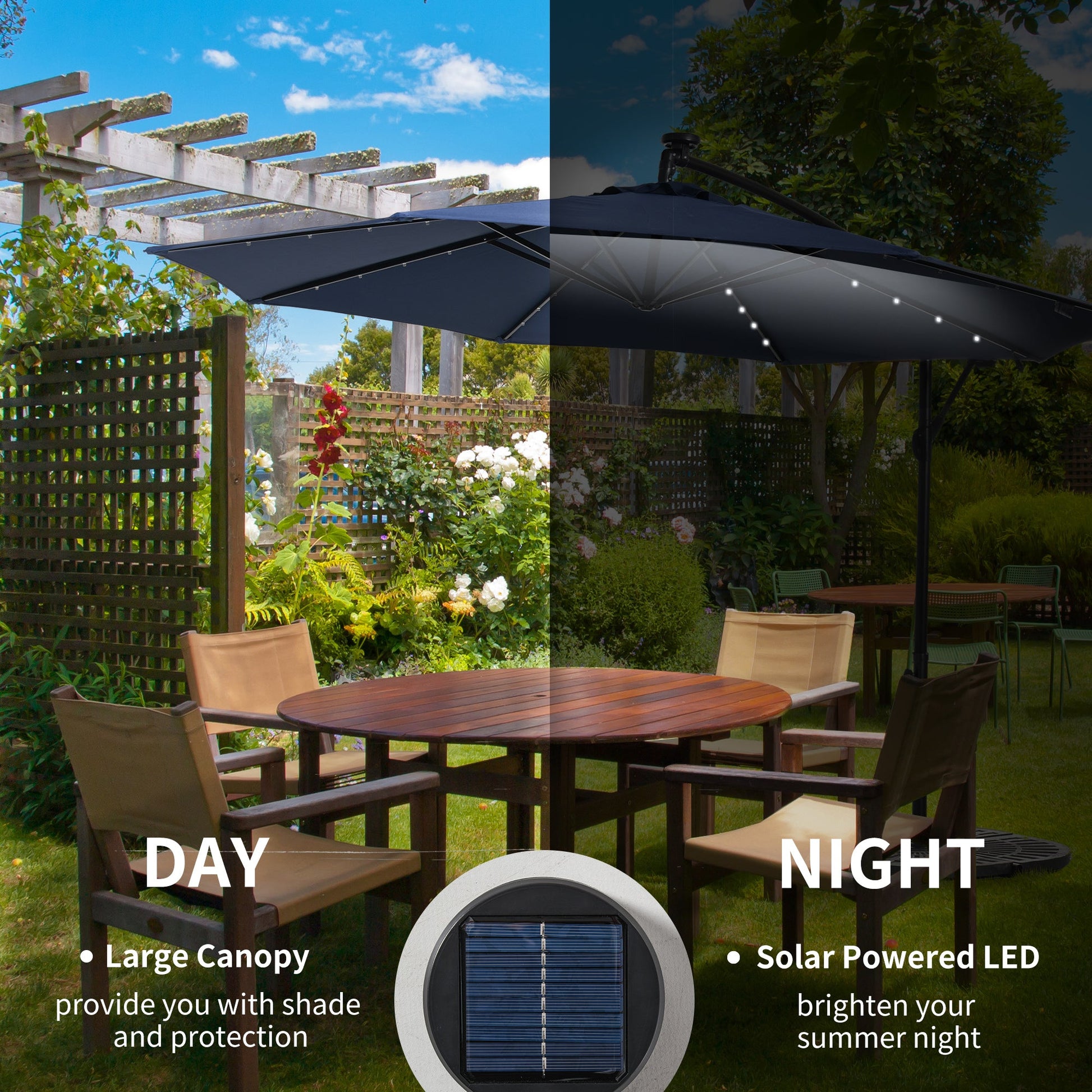 10ft Outdoor Cantilever Umbrella with Solar Lights, Banana Umbrella with Adjustable Angle for Patio, Backyard, Navy Blue