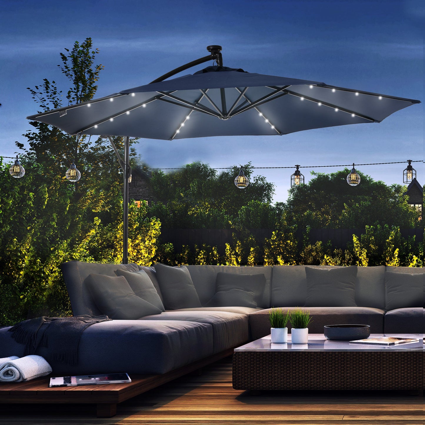 10ft Outdoor Cantilever Umbrella with Solar Lights, Banana Umbrella with Adjustable Angle for Patio, Backyard, Navy Blue