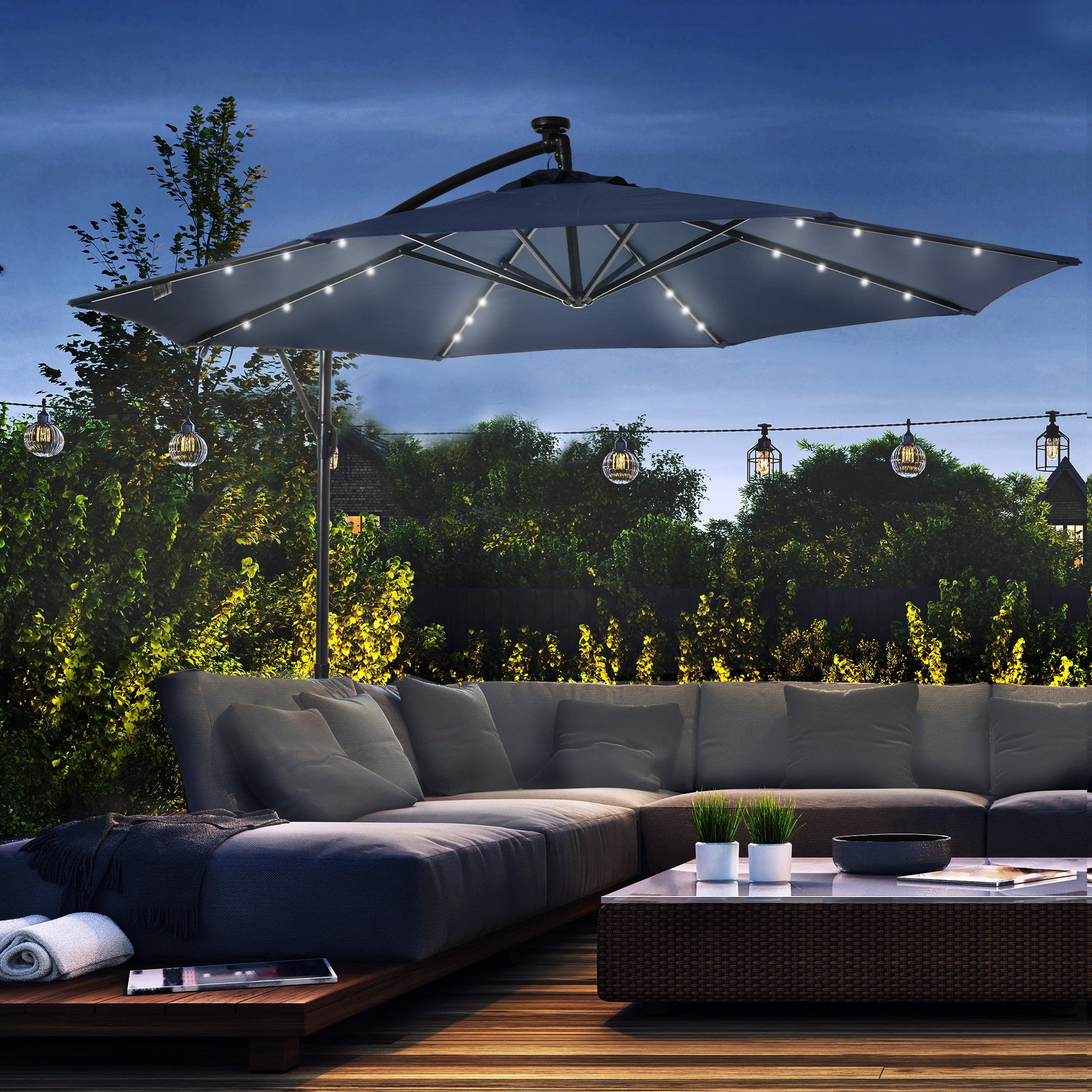 10ft Outdoor Cantilever Umbrella with Solar Lights, Banana Umbrella with Adjustable Angle for Patio, Backyard, Navy Blue