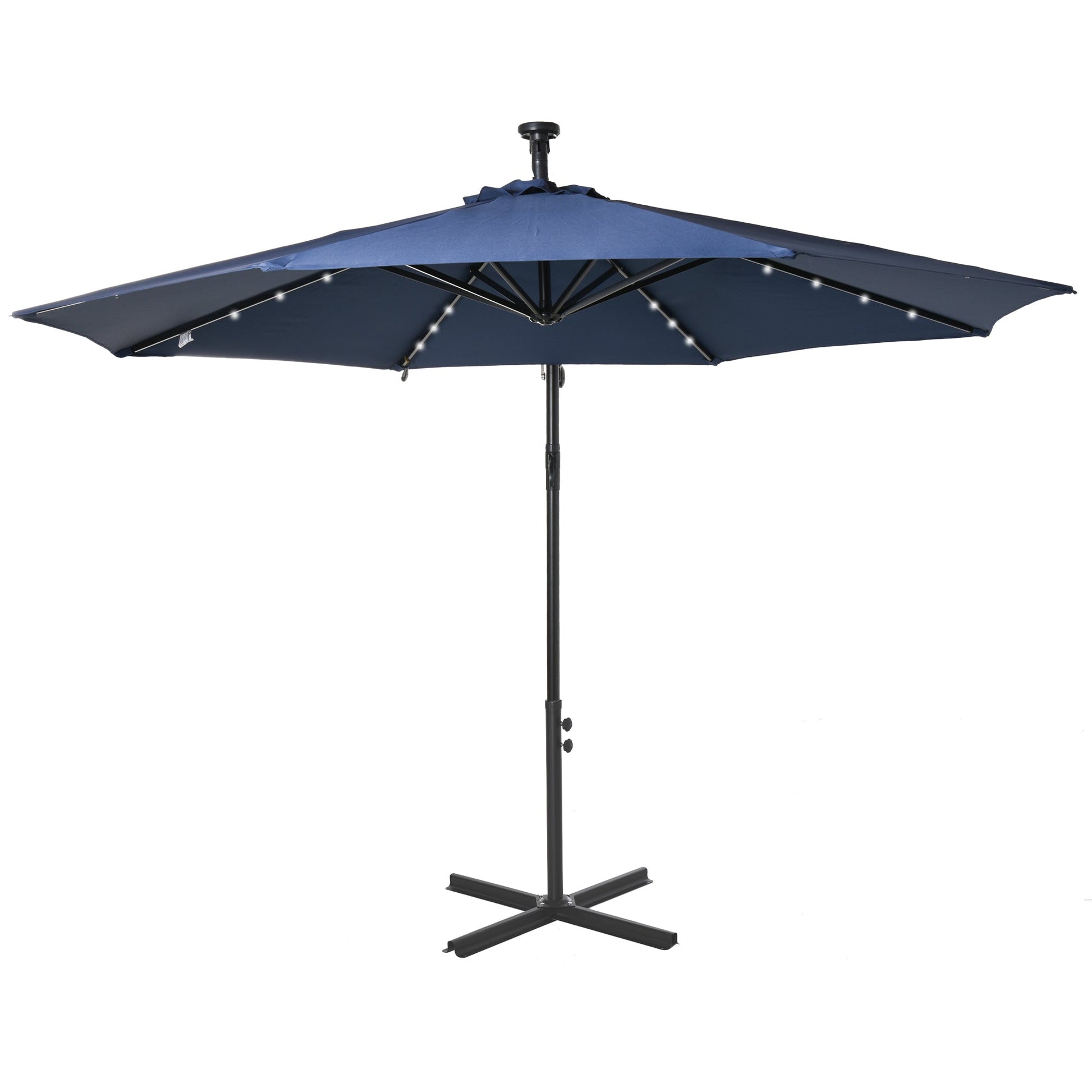 10ft Outdoor Cantilever Umbrella with Solar Lights, Banana Umbrella with Adjustable Angle for Patio, Backyard, Navy Blue