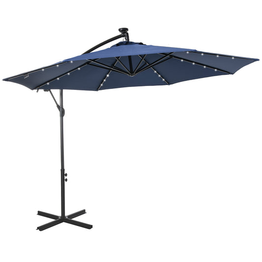 10ft Outdoor Cantilever Umbrella with Solar Lights, Banana Umbrella with Adjustable Angle for Patio, Backyard, Navy Blue