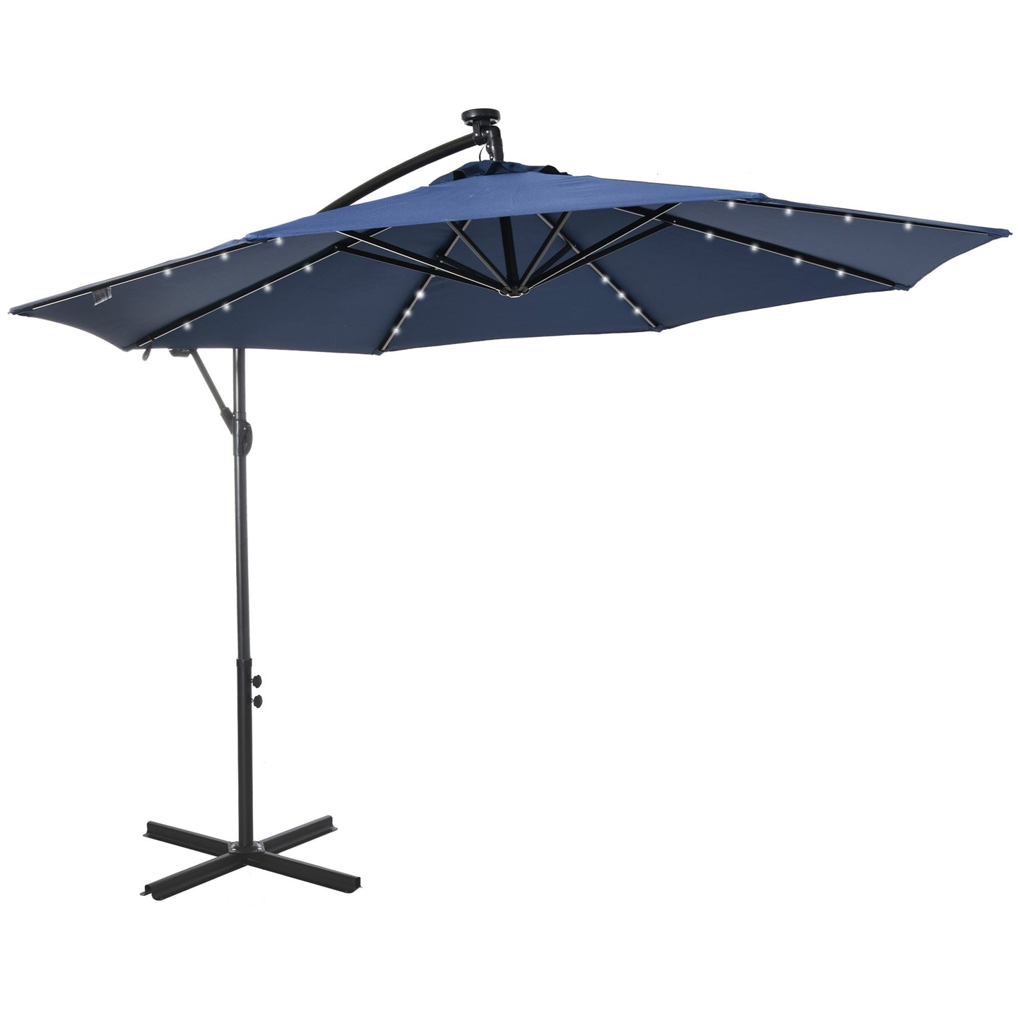 10ft Outdoor Cantilever Umbrella with Solar Lights, Banana Umbrella with Adjustable Angle for Patio, Backyard, Navy Blue