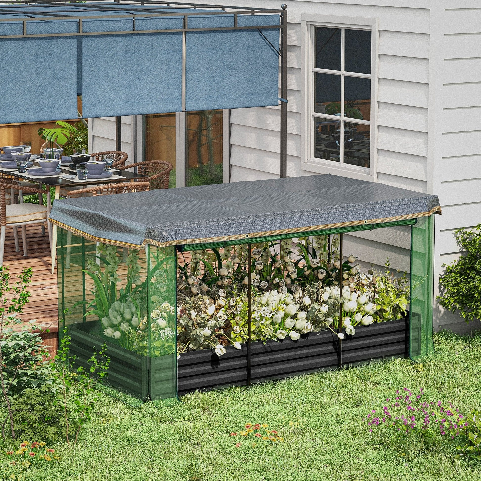 7.5 x 3.6ft Galvanized Raised Garden Bed with Cover, Metal Planter Box with Crop Cage Plant Protection Net and Shade Cloth, for Vegetables, Flowers, Herbs, Grey