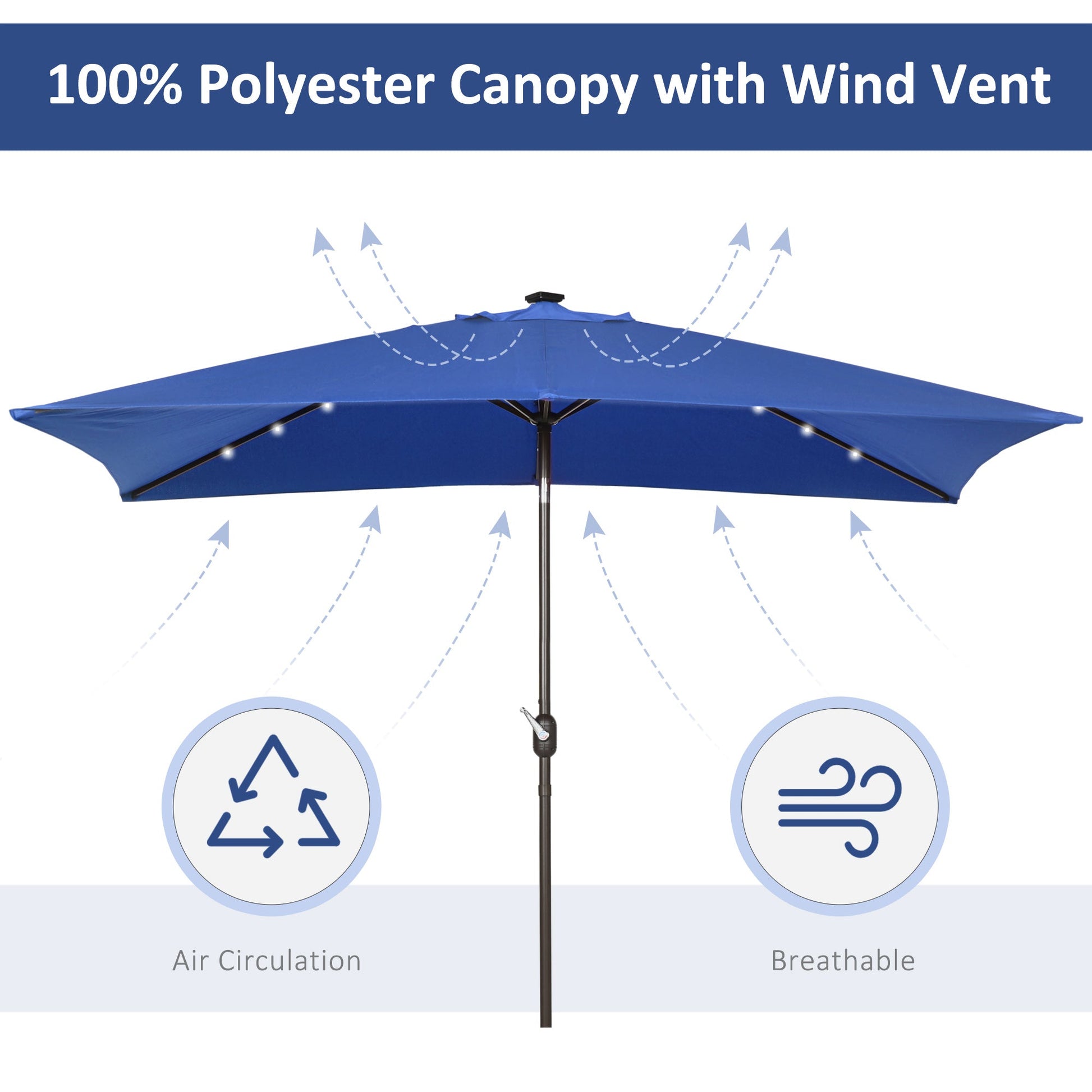 6.5x10ft Patio Umbrella Rectangle Solar Powered Tilt Aluminum Outdoor Market Parasol with LEDs Crank (Dark Blue)