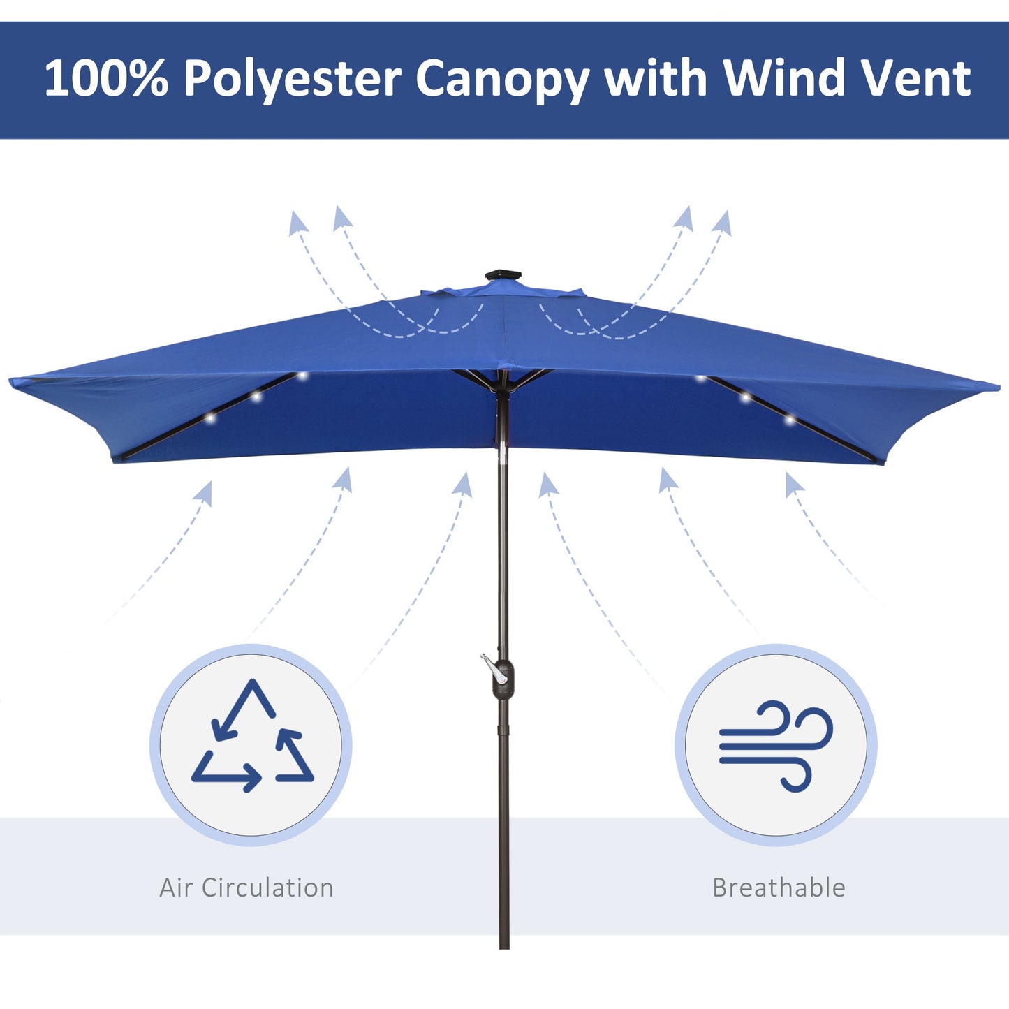6.5x10ft Patio Umbrella Rectangle Solar Powered Tilt Aluminum Outdoor Market Parasol with LEDs Crank (Dark Blue)