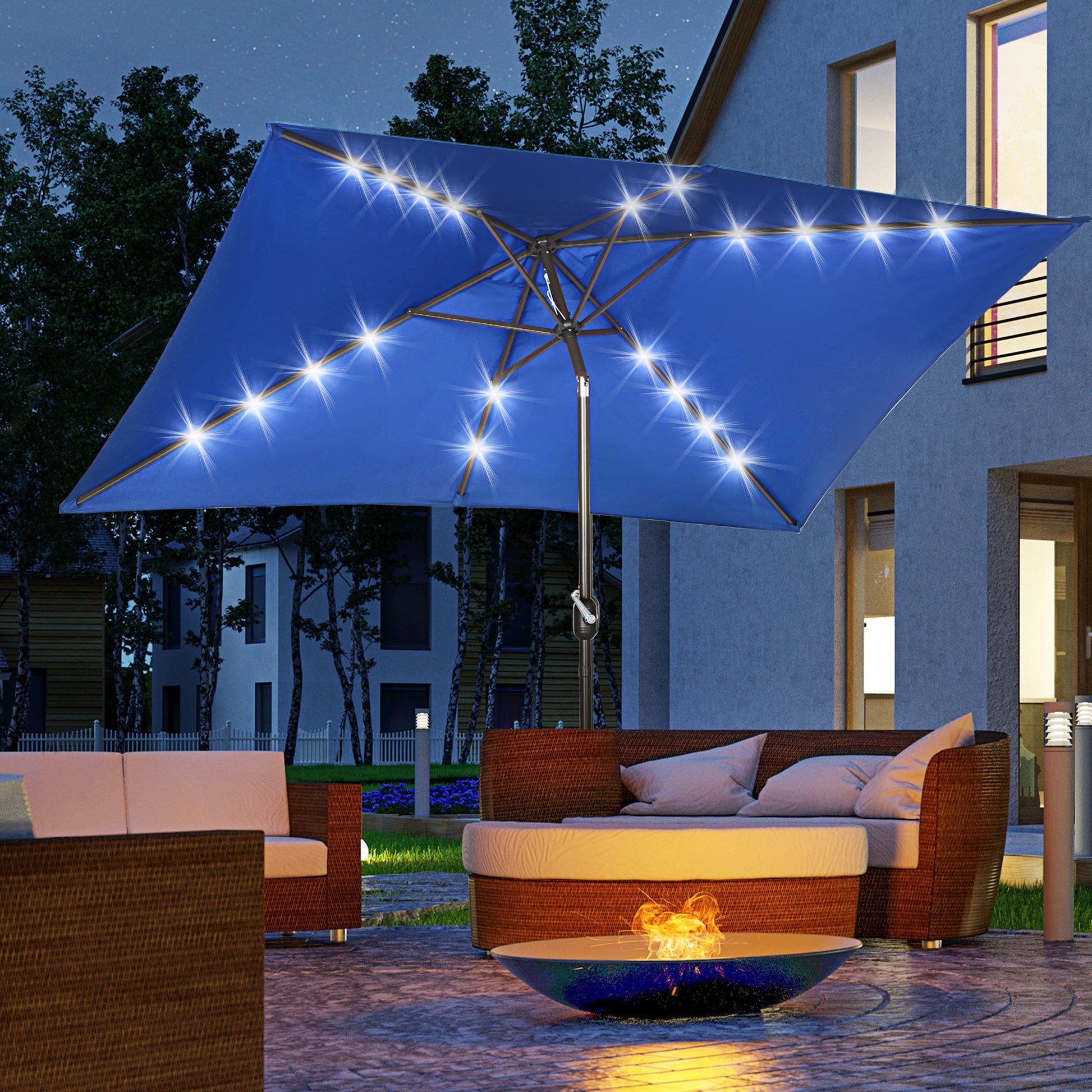 6.5x10ft Patio Umbrella Rectangle Solar Powered Tilt Aluminum Outdoor Market Parasol with LEDs Crank (Dark Blue)