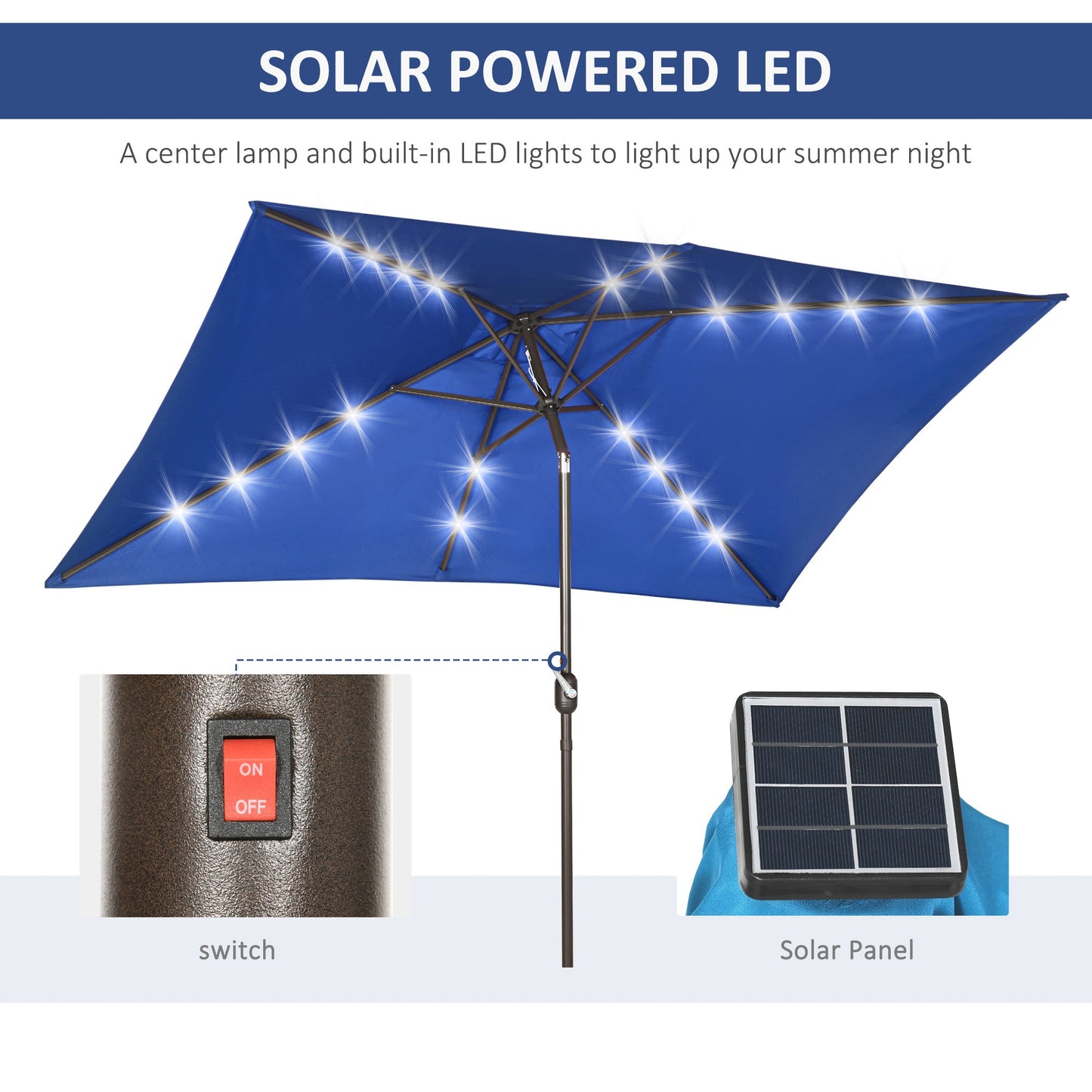 6.5x10ft Patio Umbrella Rectangle Solar Powered Tilt Aluminum Outdoor Market Parasol with LEDs Crank (Dark Blue)