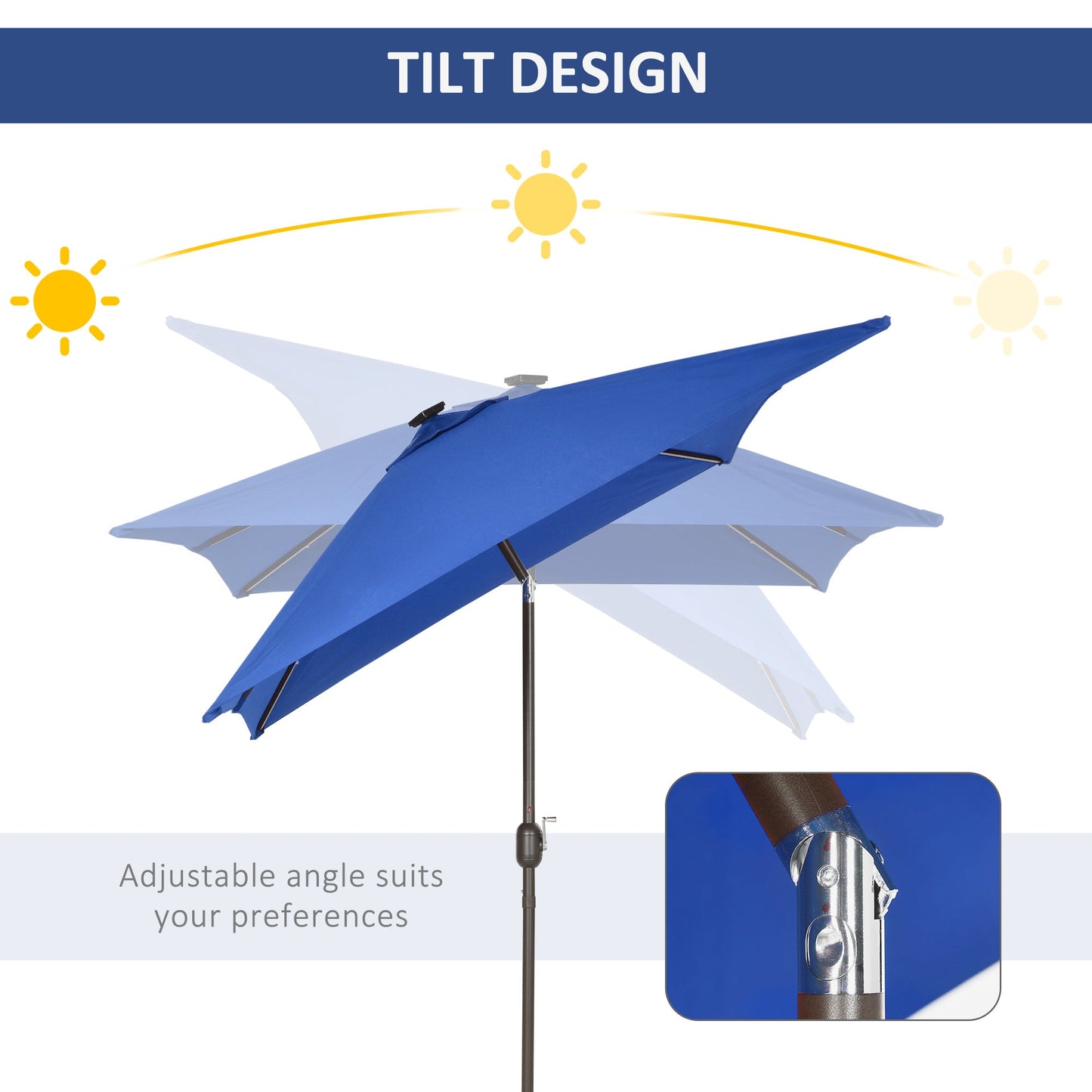 6.5x10ft Patio Umbrella Rectangle Solar Powered Tilt Aluminum Outdoor Market Parasol with LEDs Crank (Dark Blue)
