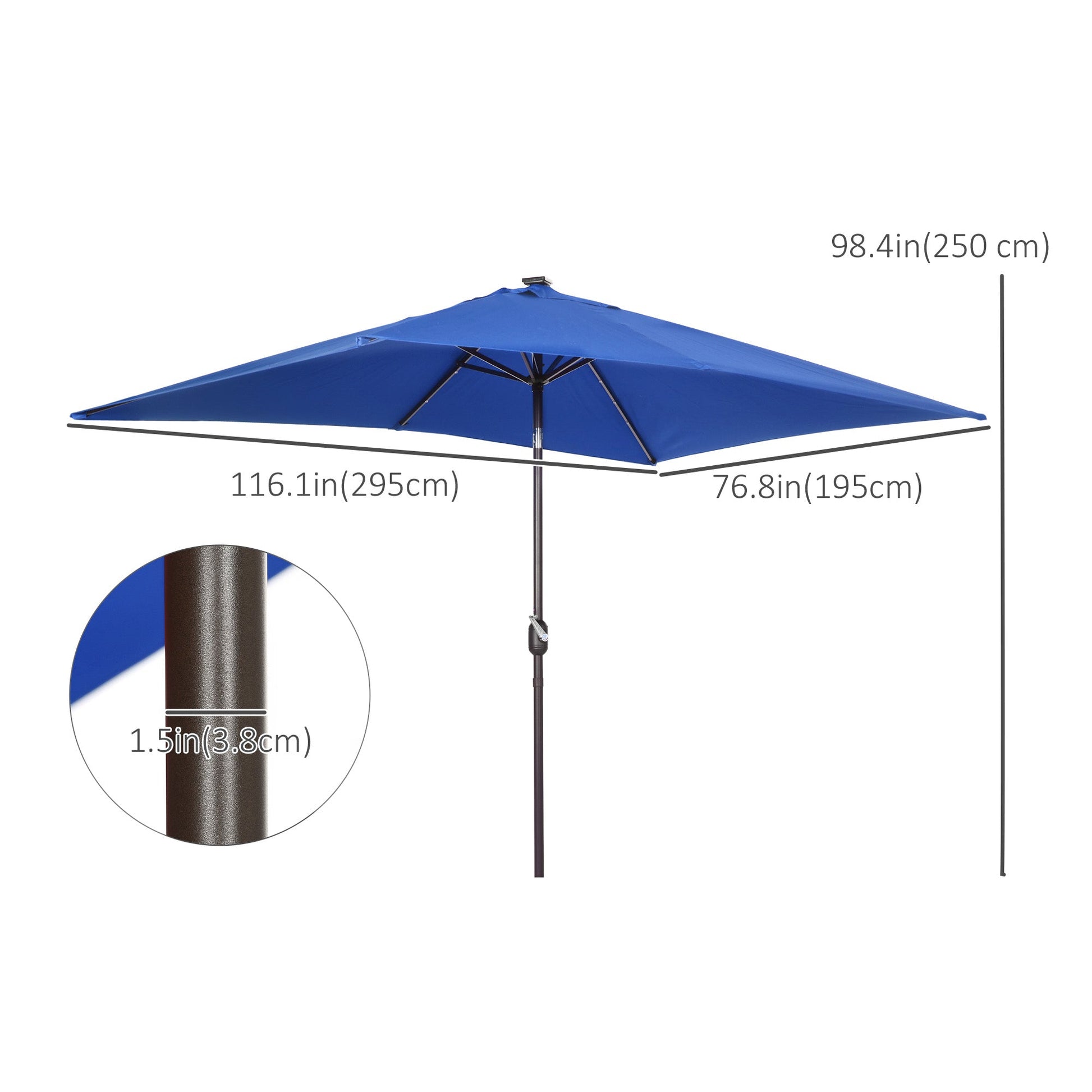 6.5x10ft Patio Umbrella Rectangle Solar Powered Tilt Aluminum Outdoor Market Parasol with LEDs Crank (Dark Blue)