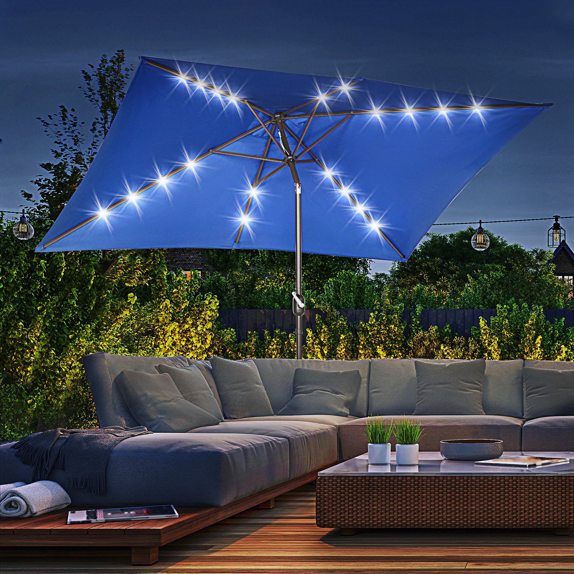 6.5x10ft Patio Umbrella Rectangle Solar Powered Tilt Aluminum Outdoor Market Parasol with LEDs Crank (Dark Blue)