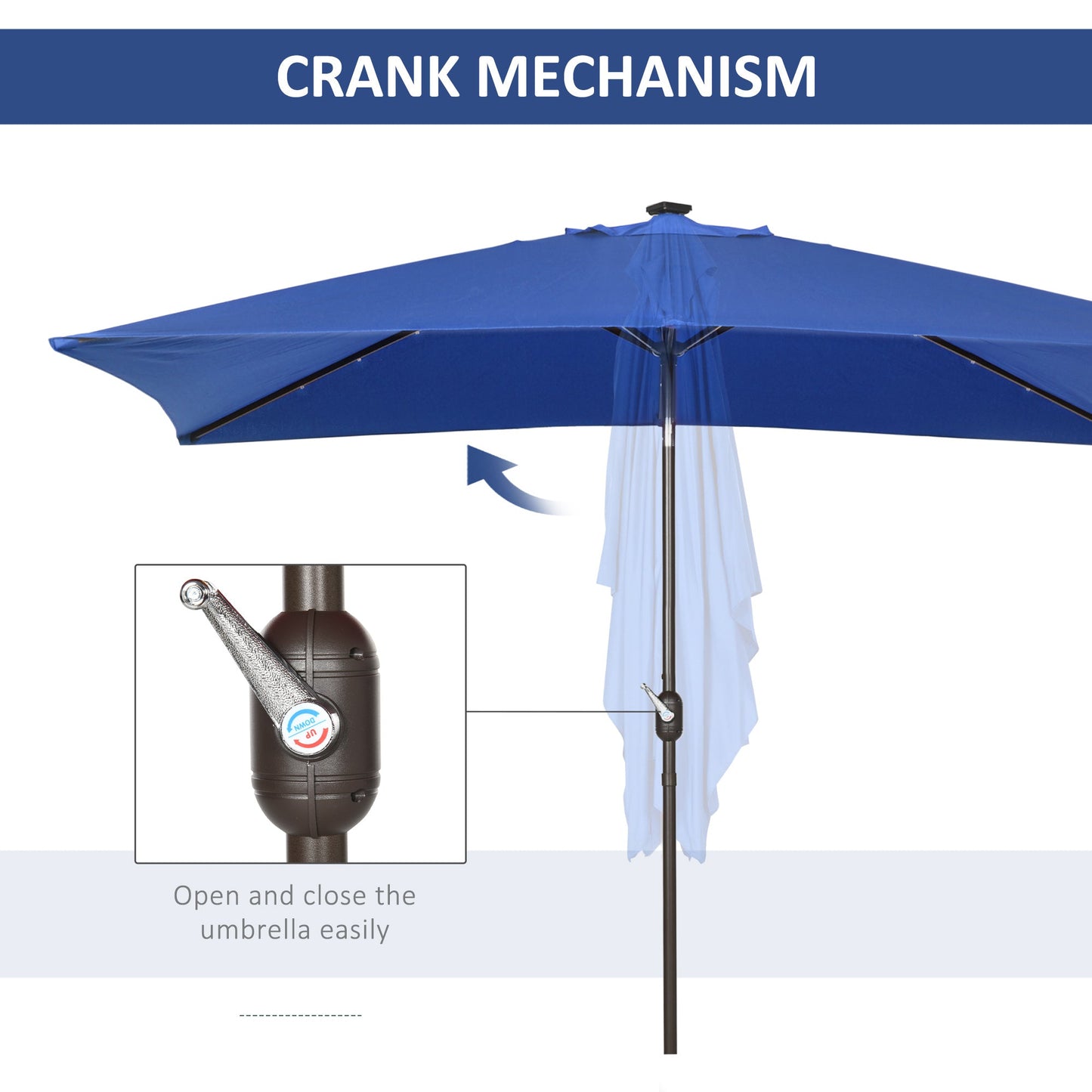 6.5x10ft Patio Umbrella Rectangle Solar Powered Tilt Aluminum Outdoor Market Parasol with LEDs Crank (Dark Blue)