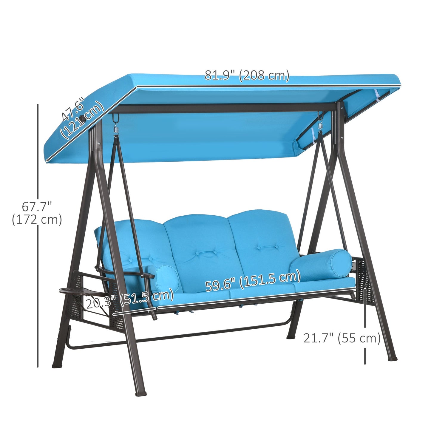 3 Seater Porch Swing Heavy Duty Outdoor Swing Chair Outdoor Lounge Hammock Cushioned Seat w/ Tilt Canopy, Light Blue