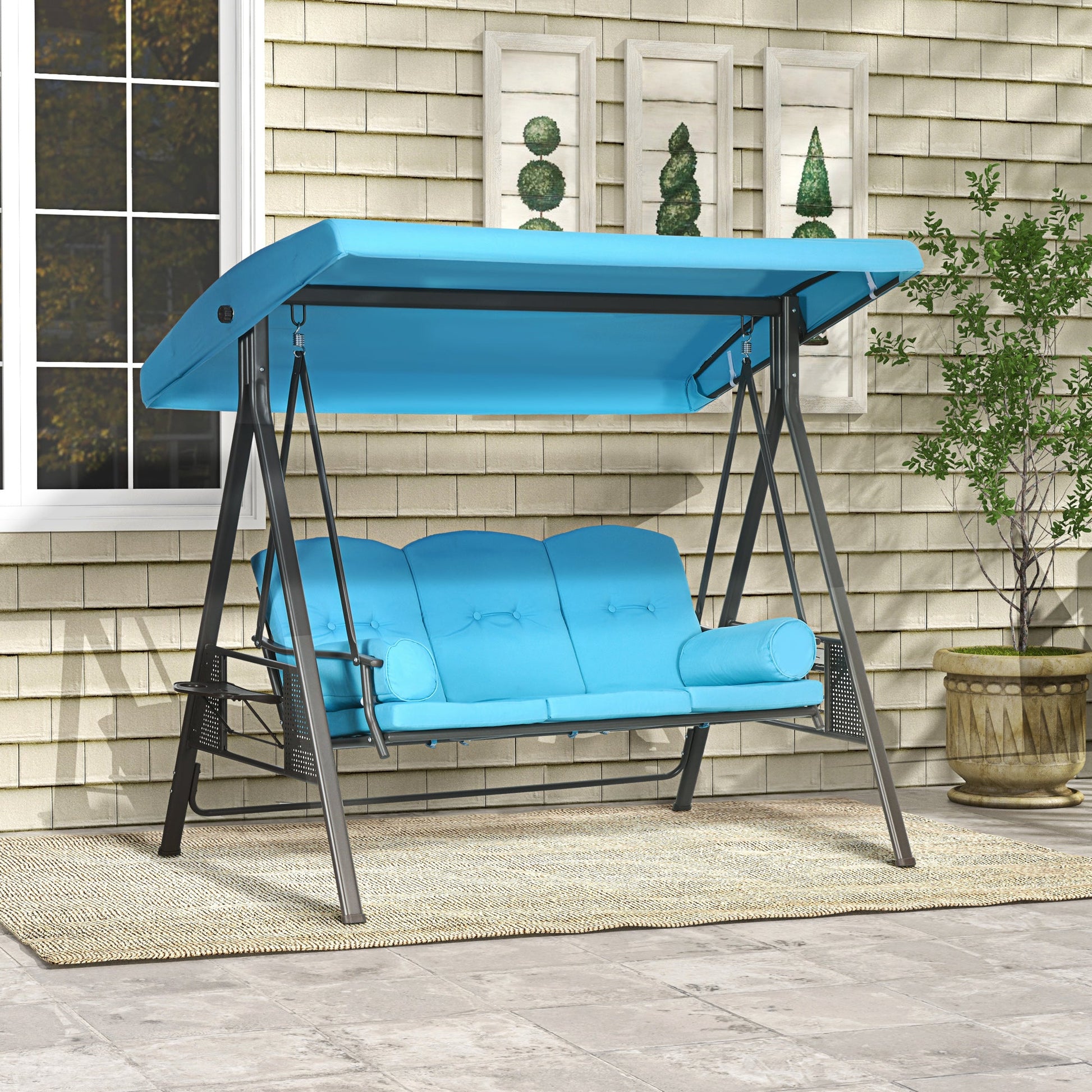 3 Seater Porch Swing Heavy Duty Outdoor Swing Chair Outdoor Lounge Hammock Cushioned Seat w/ Tilt Canopy, Light Blue