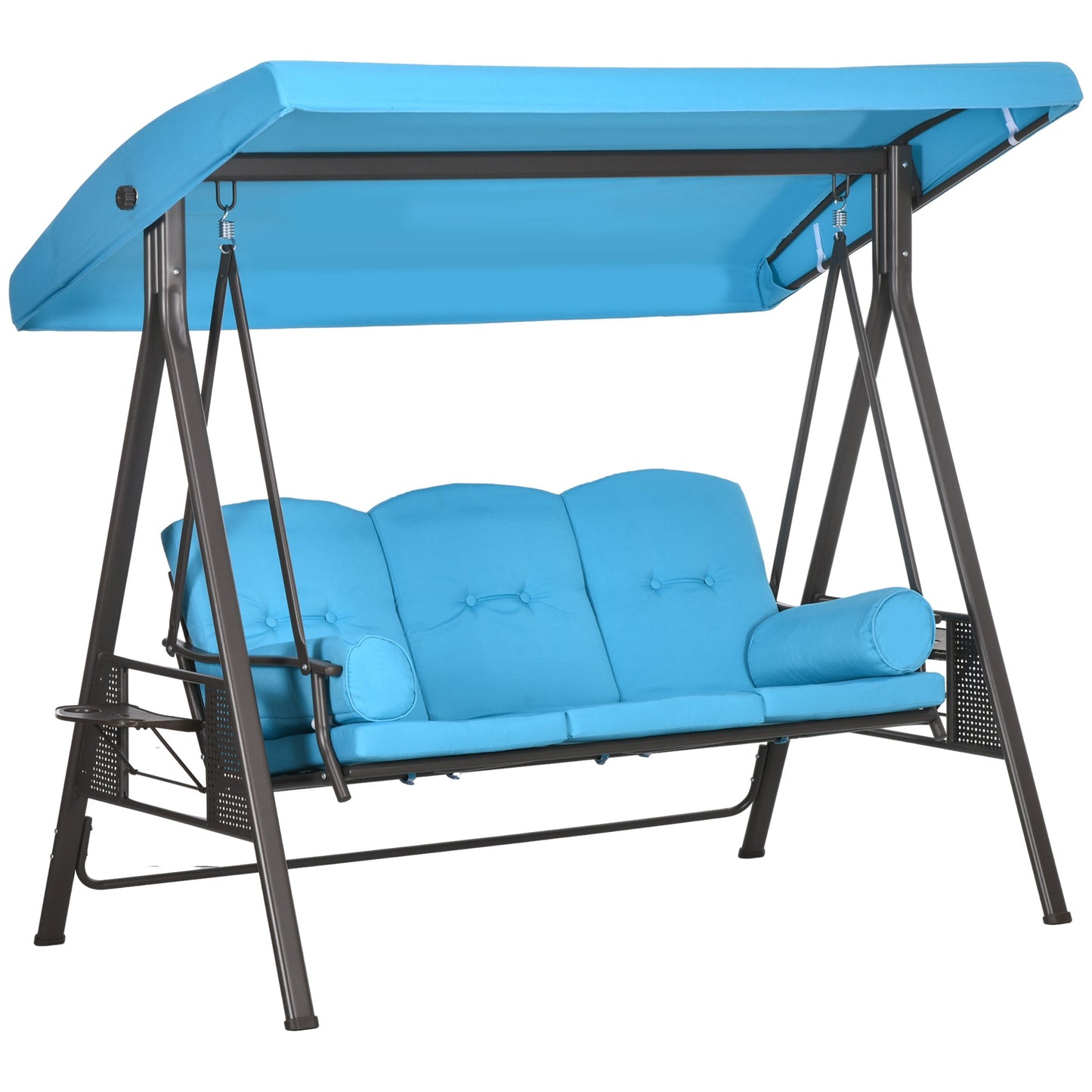 3 Seater Porch Swing Heavy Duty Outdoor Swing Chair Outdoor Lounge Hammock Cushioned Seat w/ Tilt Canopy, Light Blue