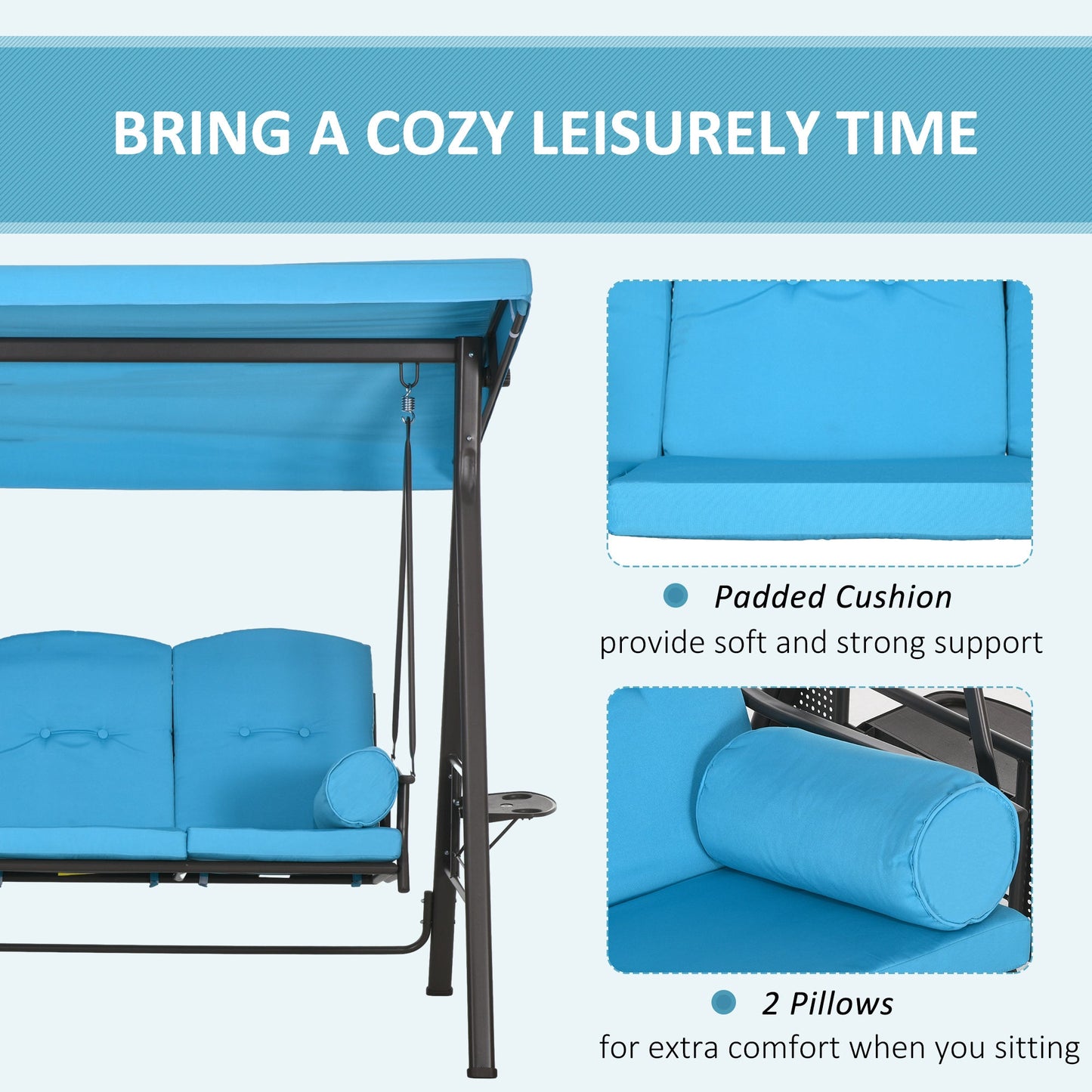 3 Seater Porch Swing Heavy Duty Outdoor Swing Chair Outdoor Lounge Hammock Cushioned Seat w/ Tilt Canopy, Light Blue