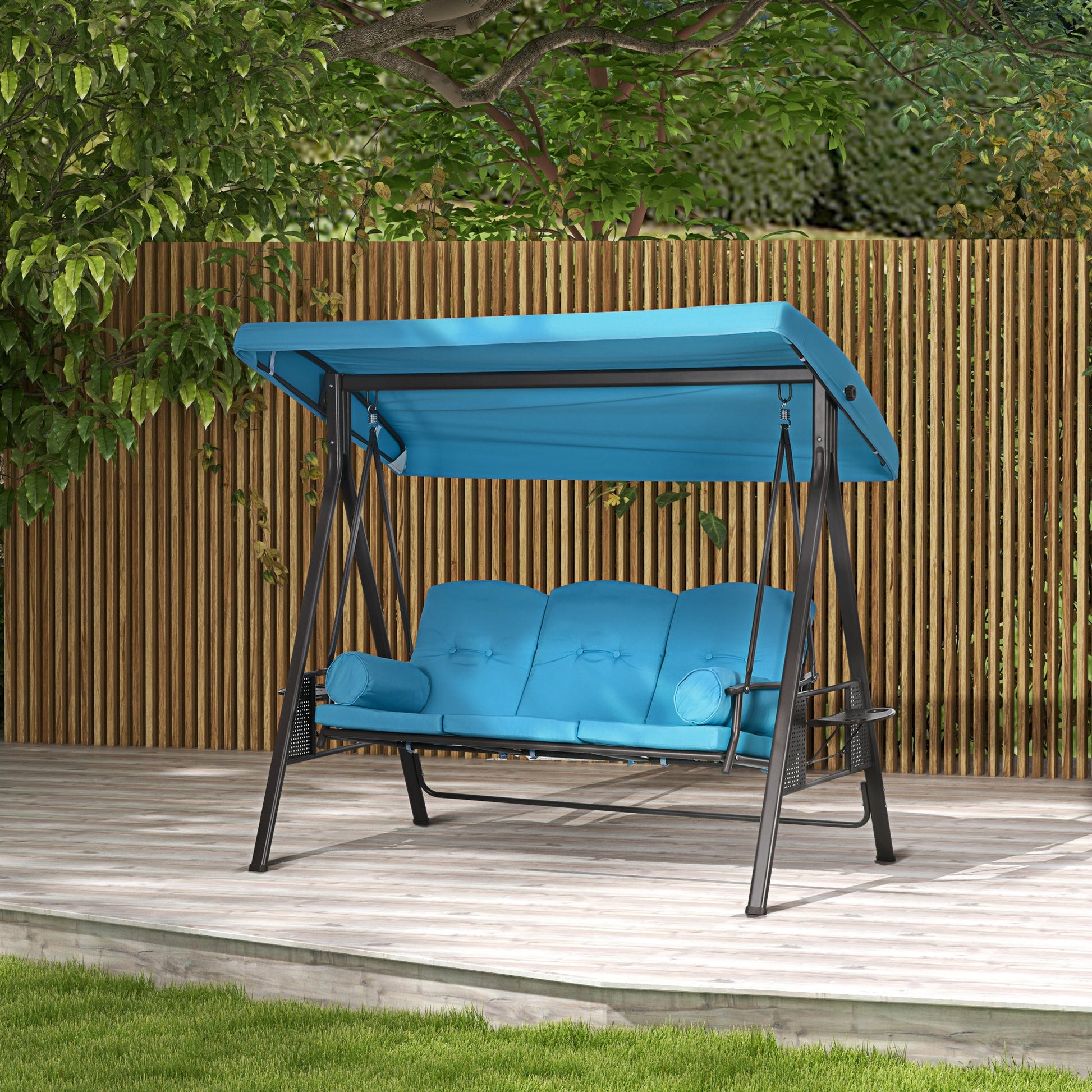 3 Seater Porch Swing Heavy Duty Outdoor Swing Chair Outdoor Lounge Hammock Cushioned Seat w/ Tilt Canopy, Light Blue