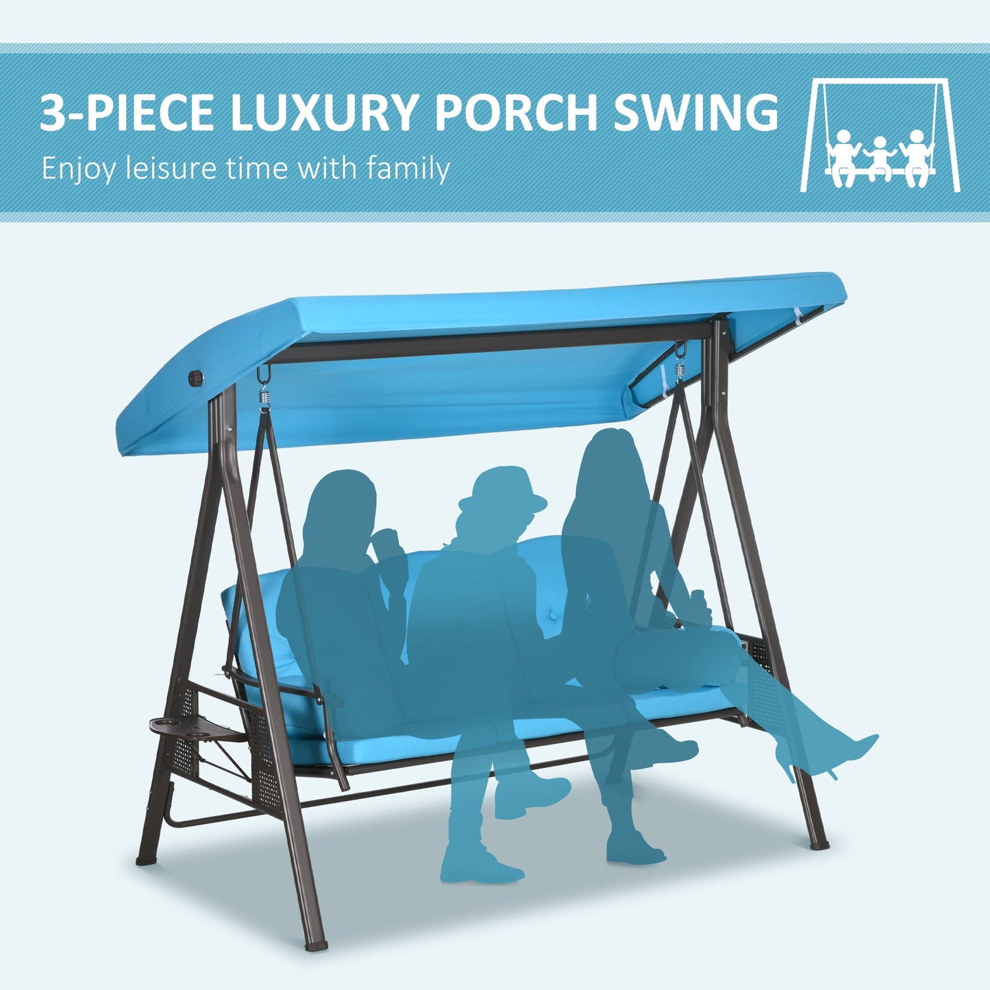 3 Seater Porch Swing Heavy Duty Outdoor Swing Chair Outdoor Lounge Hammock Cushioned Seat w/ Tilt Canopy, Light Blue