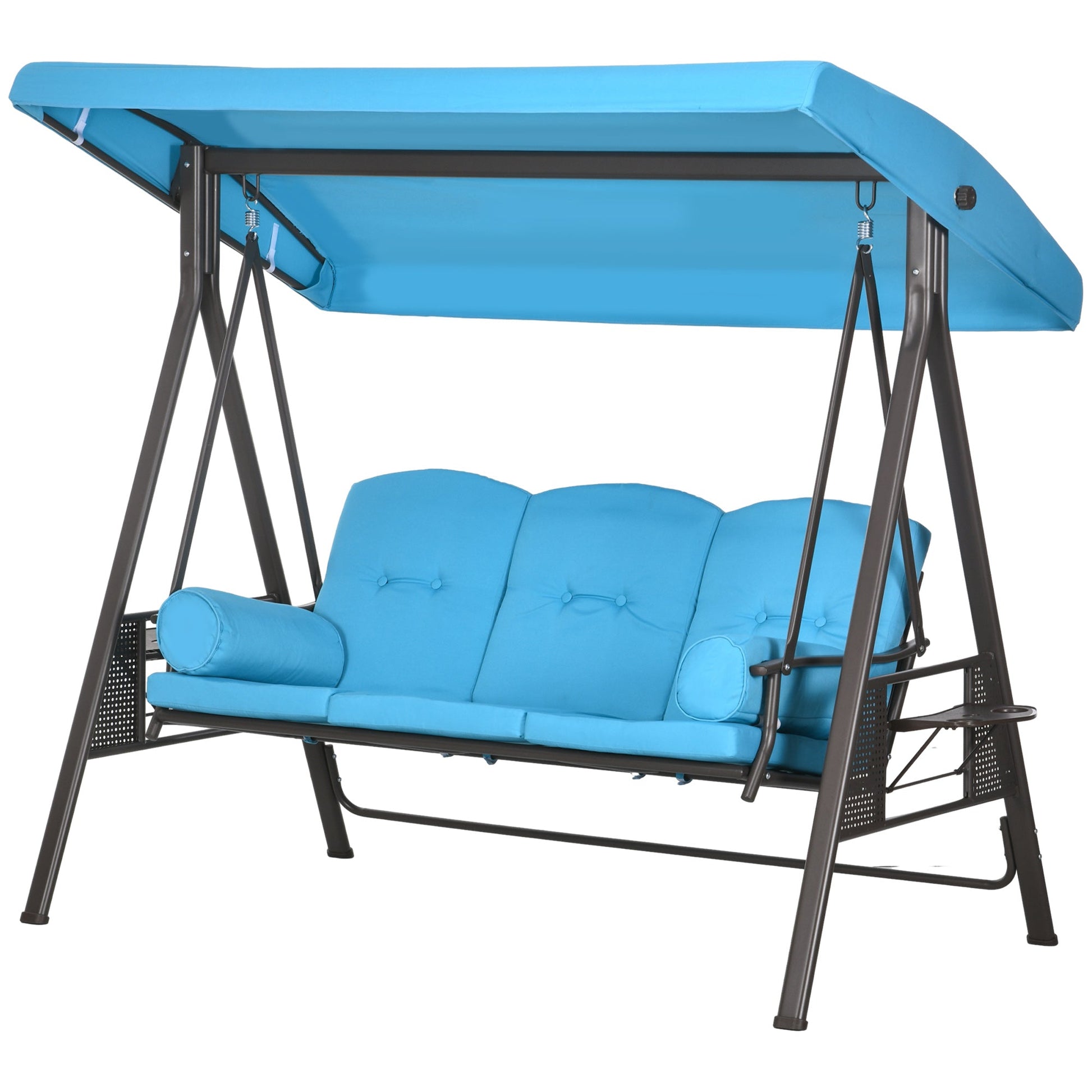3 Seater Porch Swing Heavy Duty Outdoor Swing Chair Outdoor Lounge Hammock Cushioned Seat w/ Tilt Canopy, Light Blue