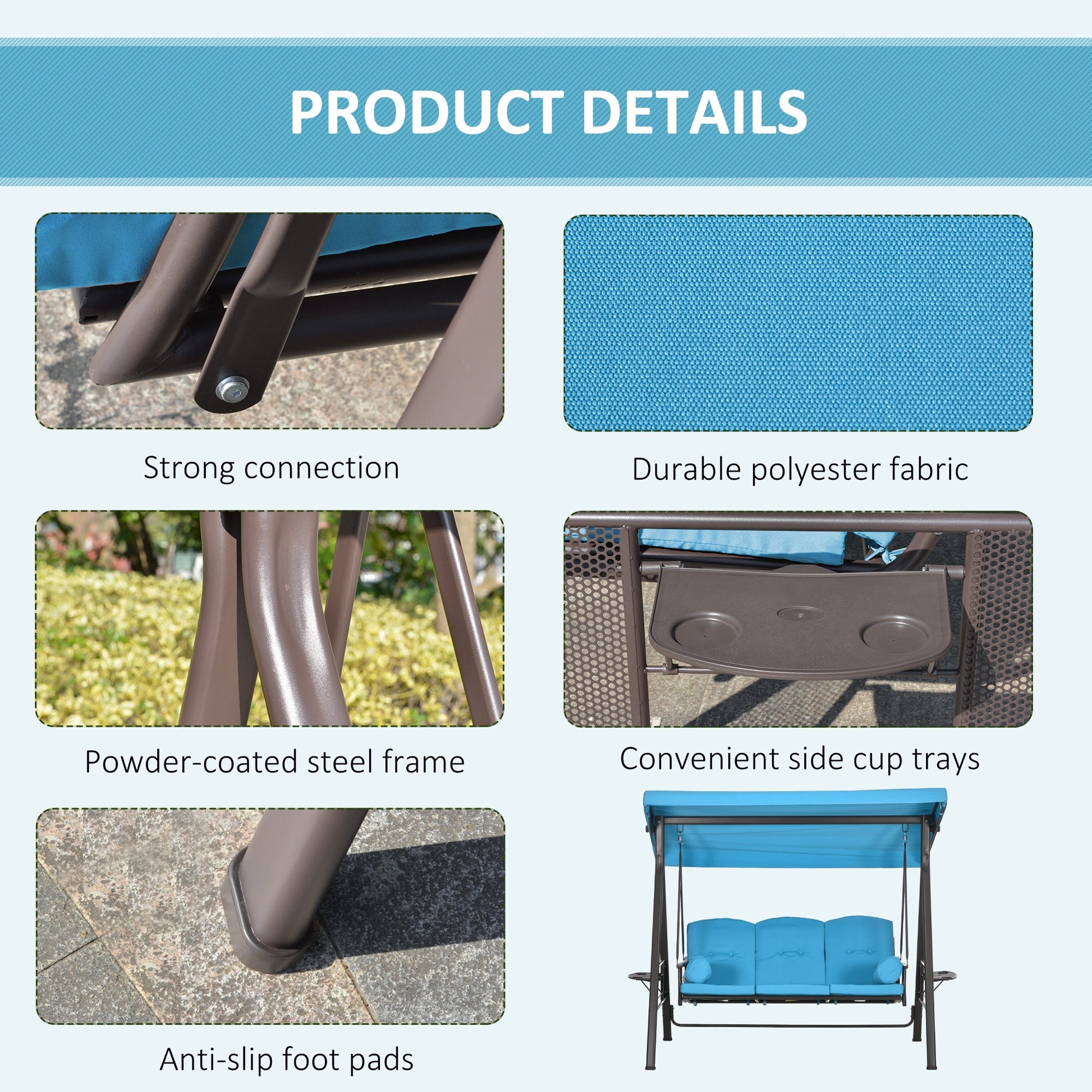 3 Seater Porch Swing Heavy Duty Outdoor Swing Chair Outdoor Lounge Hammock Cushioned Seat w/ Tilt Canopy, Light Blue