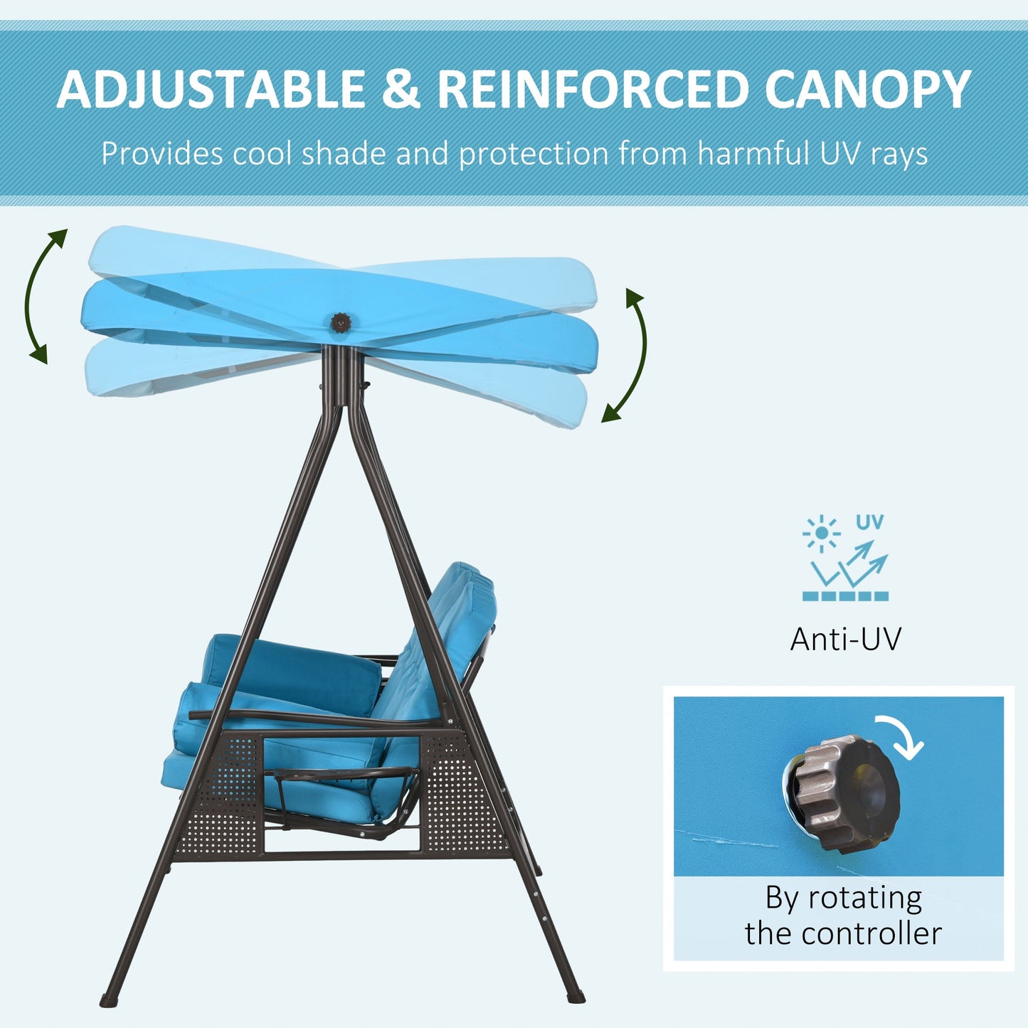 3 Seater Porch Swing Heavy Duty Outdoor Swing Chair Outdoor Lounge Hammock Cushioned Seat w/ Tilt Canopy, Light Blue