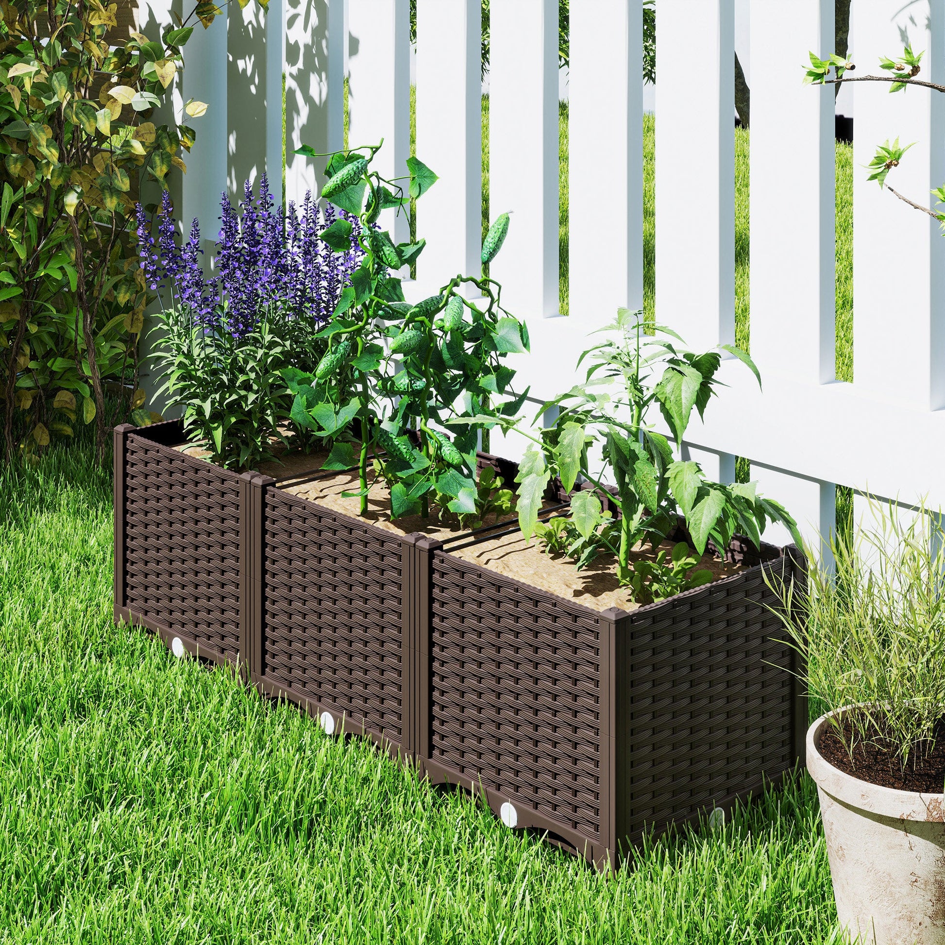 Plastic Raised Garden Bed, Outdoor Planter Box with Drainage Holes for Garden, Patio, Balcony, Deck, 47.2" x 15.7" x 14.6", Brown