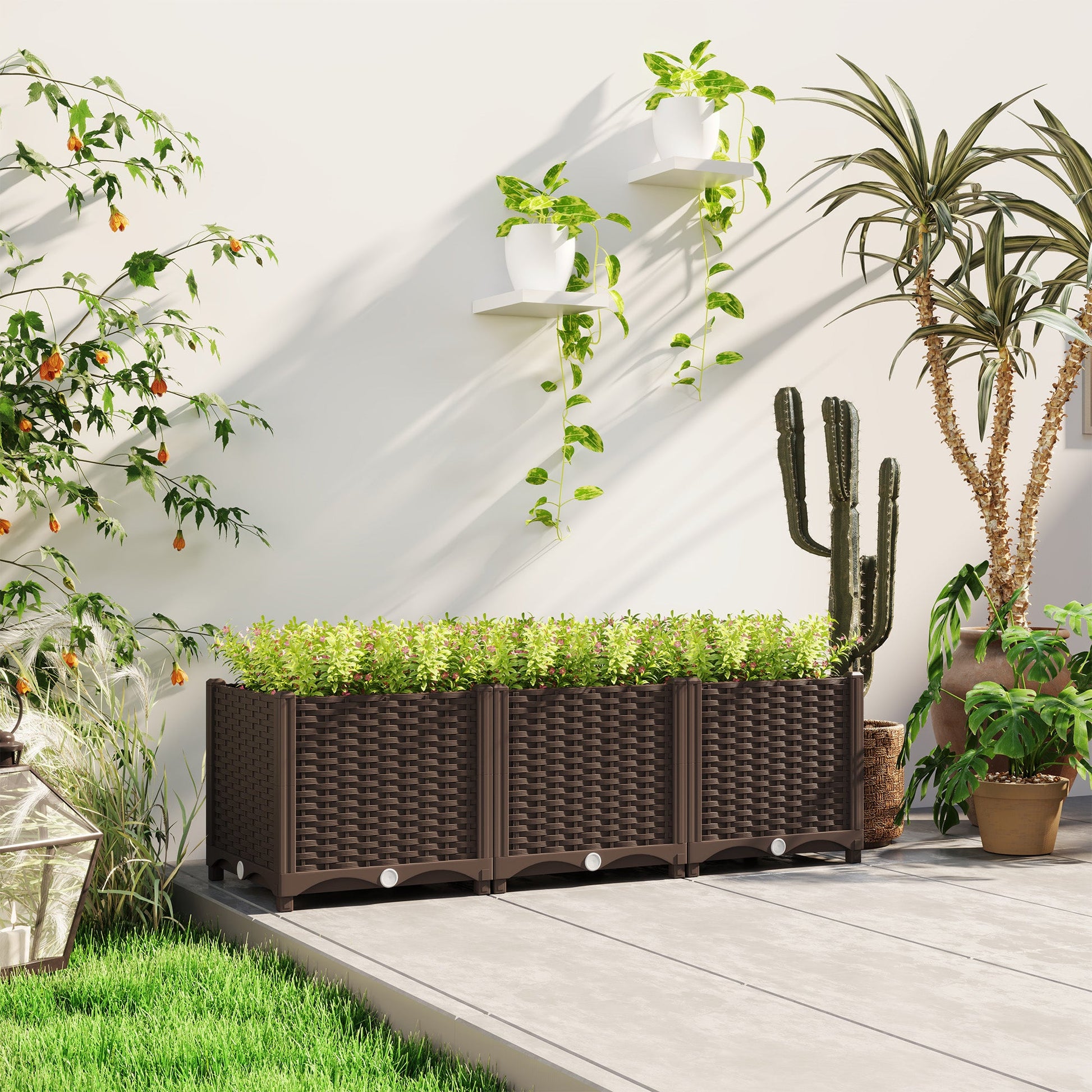 Plastic Raised Garden Bed, Outdoor Planter Box with Drainage Holes for Garden, Patio, Balcony, Deck, 47.2" x 15.7" x 14.6", Brown