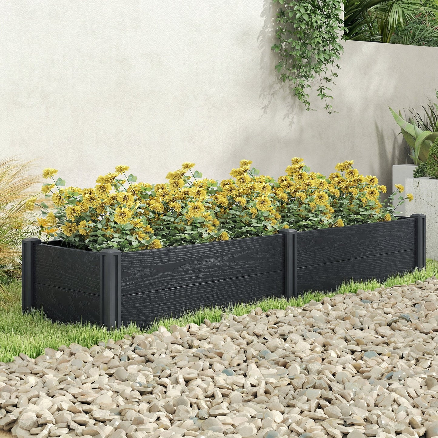 Vinyl Raised Garden Bed Kit, 6.5 x 2 x 1ft Elevated Garden Box with Divider, Open Bottom, Screwless Outdoor Planter Box for Flowers Herbs, DIY Assembly, Grey Wood Effect