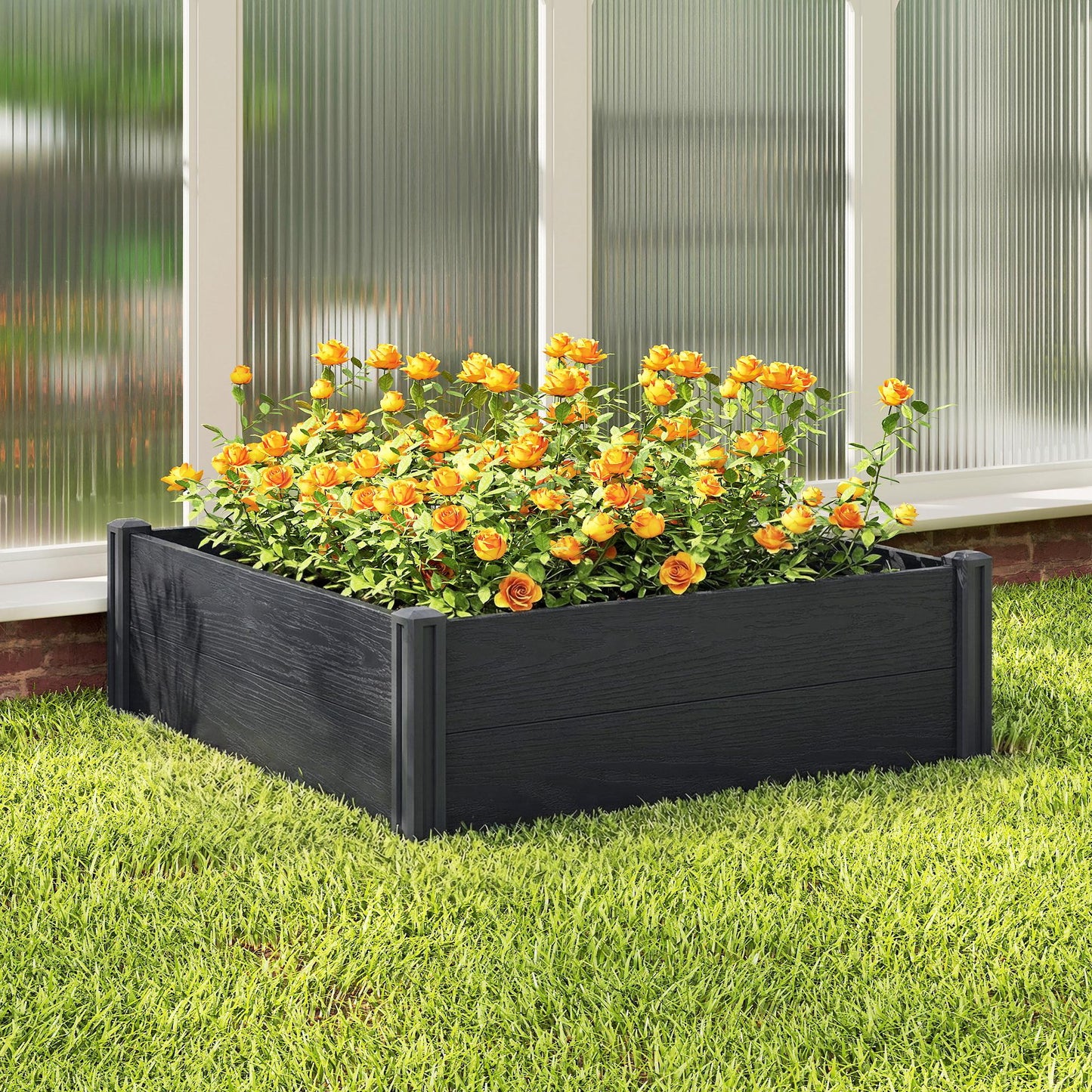 Vinyl Raised Garden Bed Kit, 6.5 x 2 x 1ft Elevated Garden Box with Divider, Open Bottom, Screwless Outdoor Planter Box for Flowers Herbs, DIY Assembly, Grey Wood Effect
