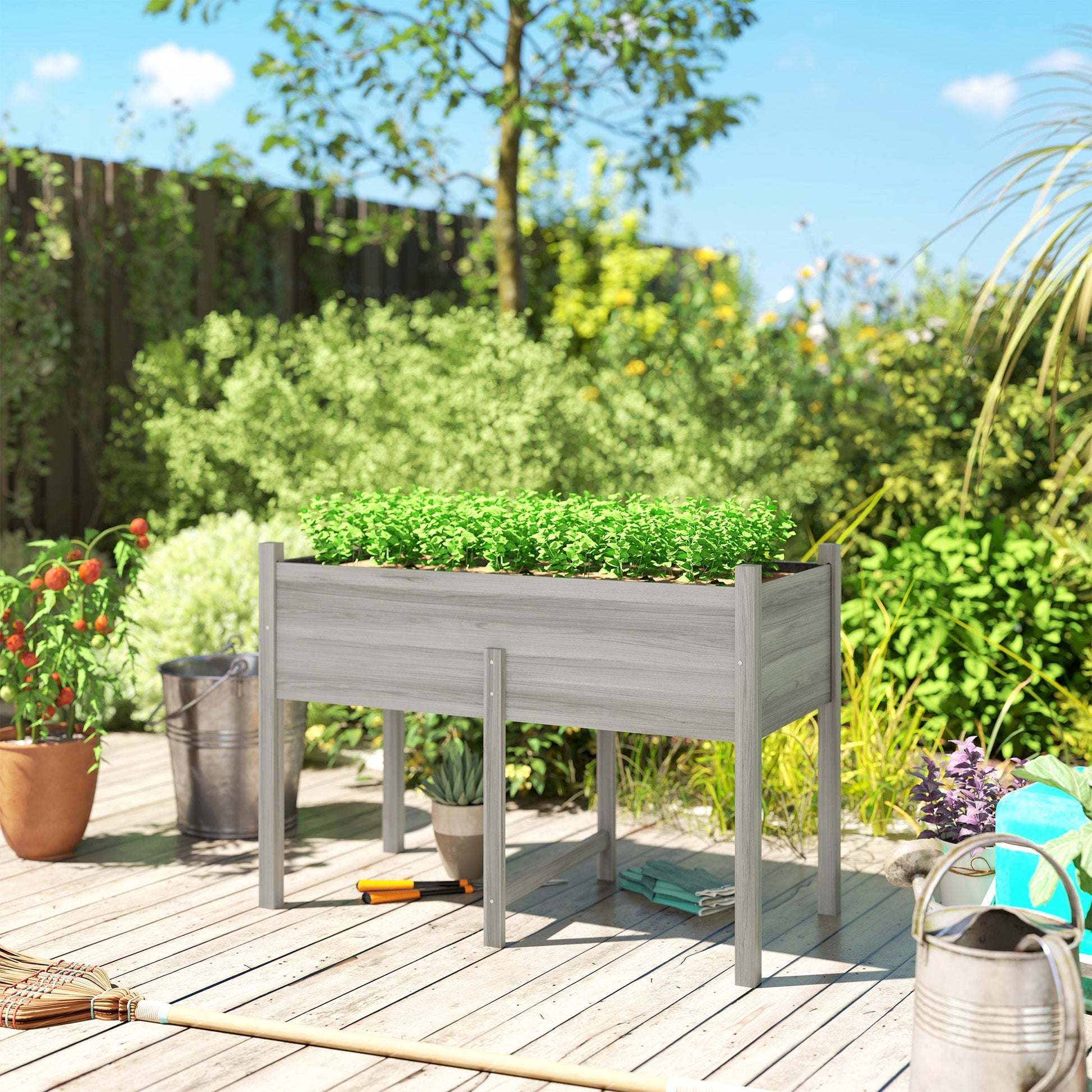 Wooden Raised Garden Bed with Drain Holes, Bed Liner for Vegetables, Flowers, Herbs, Outdoor Elevated Planter Box with Legs for Backyard Patio, 45.3"x21.7"x31.5", Grey