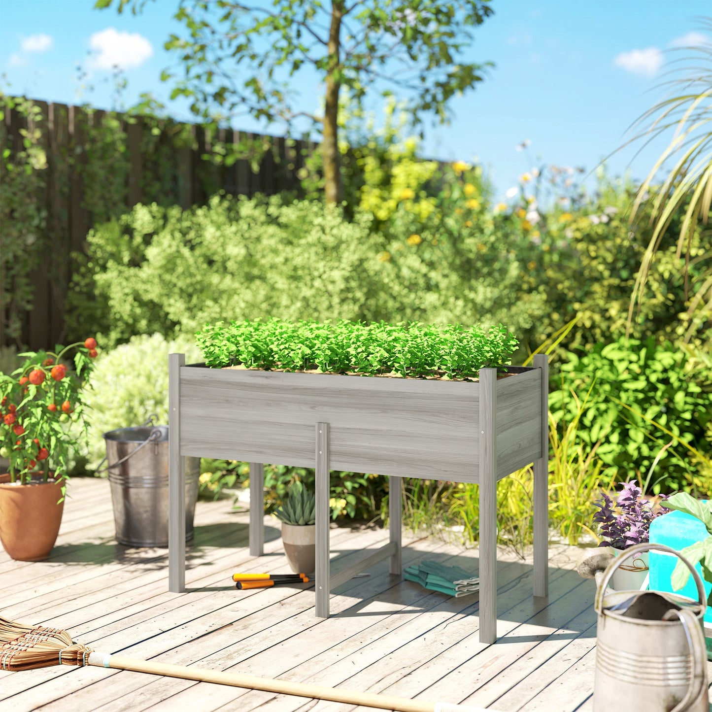 Wooden Raised Garden Bed with Drain Holes, Bed Liner for Vegetables, Flowers, Herbs, Outdoor Elevated Planter Box with Legs for Backyard Patio, 45.3"x21.7"x31.5", Grey