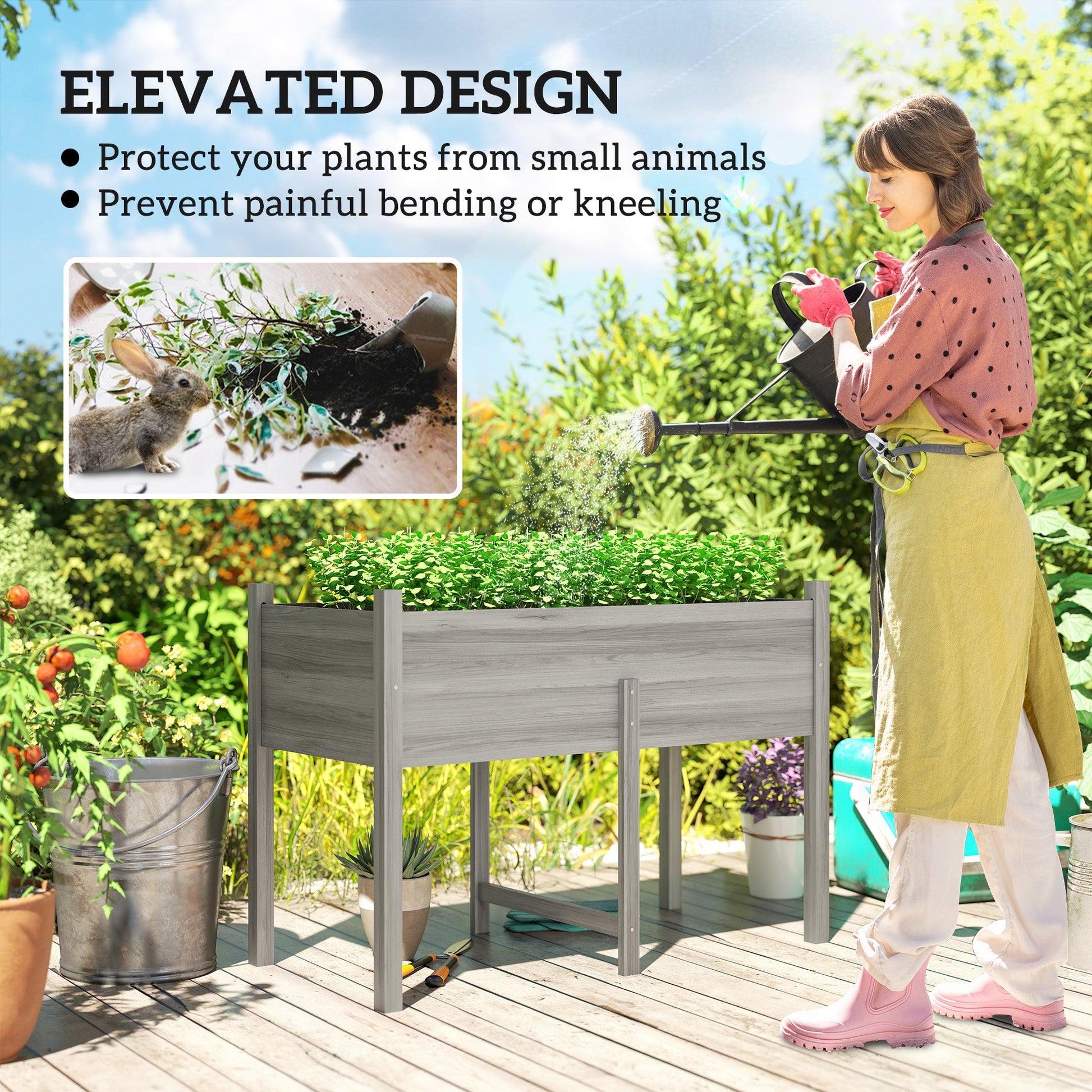 Wooden Raised Garden Bed with Drain Holes, Bed Liner for Vegetables, Flowers, Herbs, Outdoor Elevated Planter Box with Legs for Backyard Patio, 45.3"x21.7"x31.5", Grey