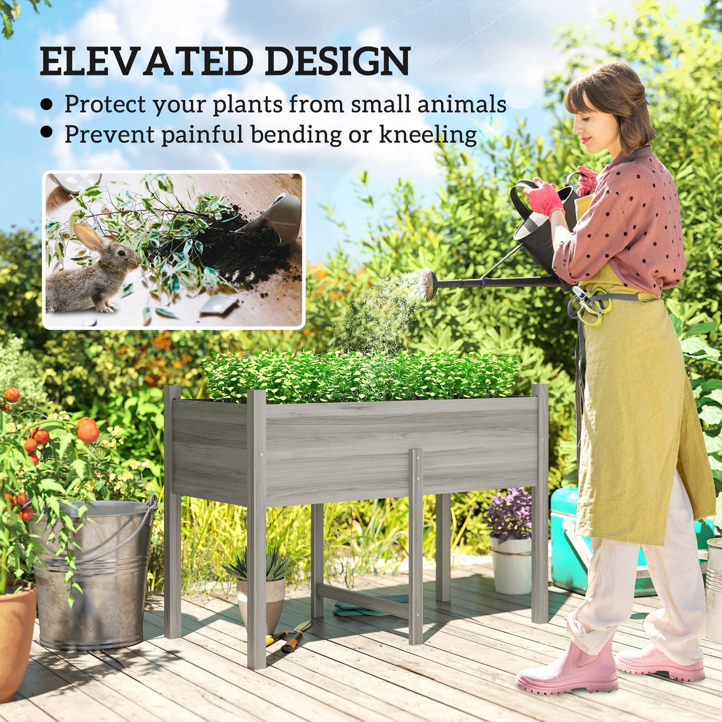 Wooden Raised Garden Bed with Drain Holes, Bed Liner for Vegetables, Flowers, Herbs, Outdoor Elevated Planter Box with Legs for Backyard Patio, 45.3"x21.7"x31.5", Grey