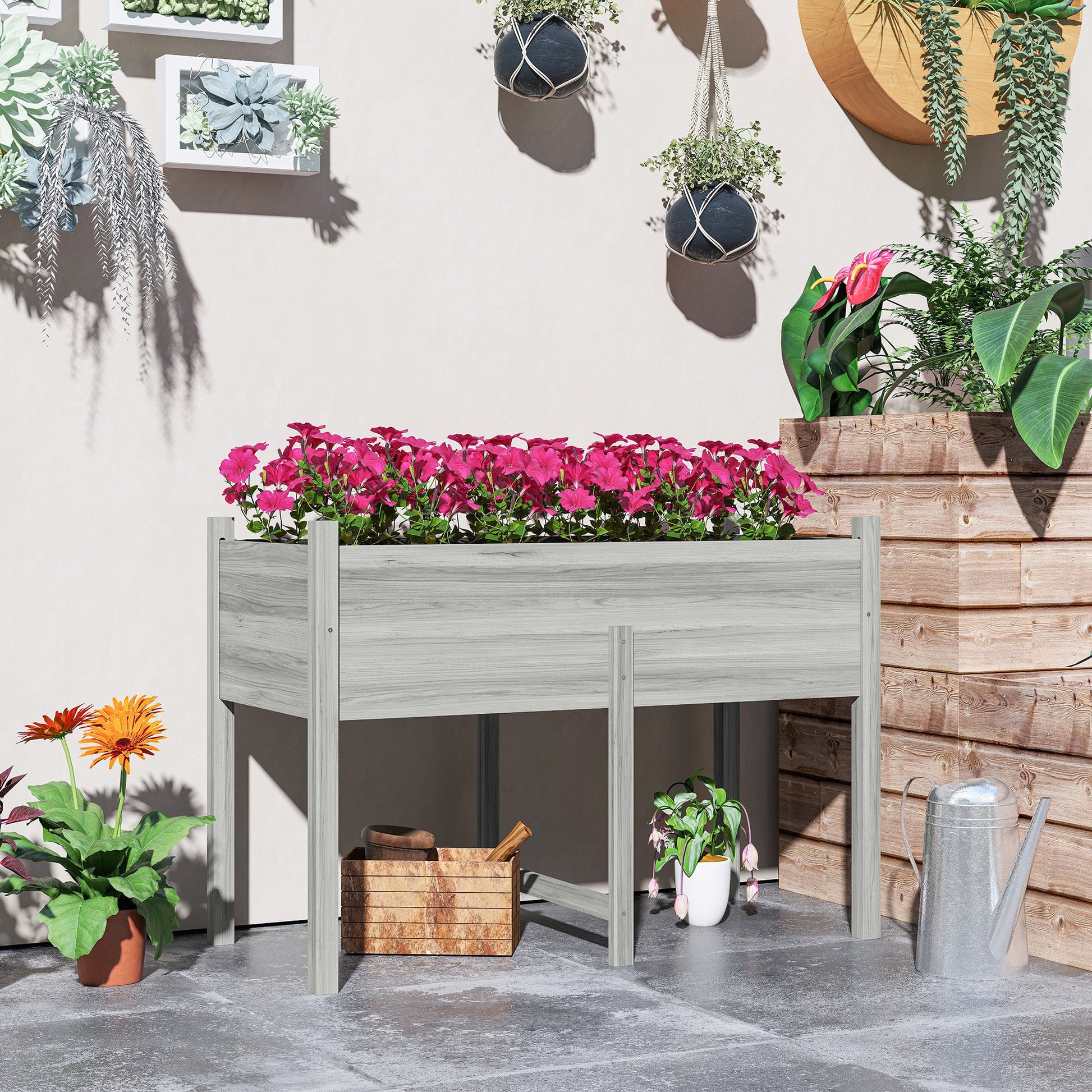 Wooden Raised Garden Bed with Drain Holes, Bed Liner for Vegetables, Flowers, Herbs, Outdoor Elevated Planter Box with Legs for Backyard Patio, 45.3"x21.7"x31.5", Grey