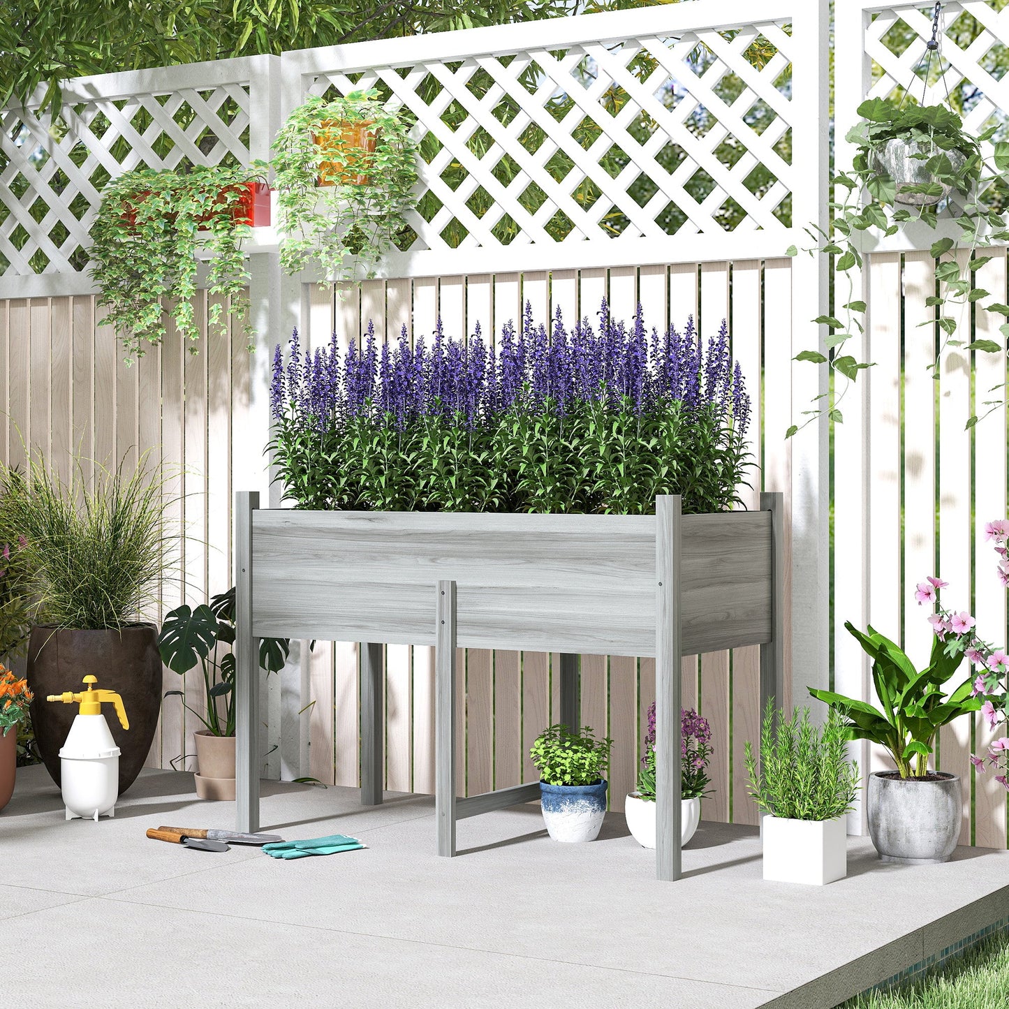 Wooden Raised Garden Bed with Drain Holes, Bed Liner for Vegetables, Flowers, Herbs, Outdoor Elevated Planter Box with Legs for Backyard Patio, 45.3"x21.7"x31.5", Grey